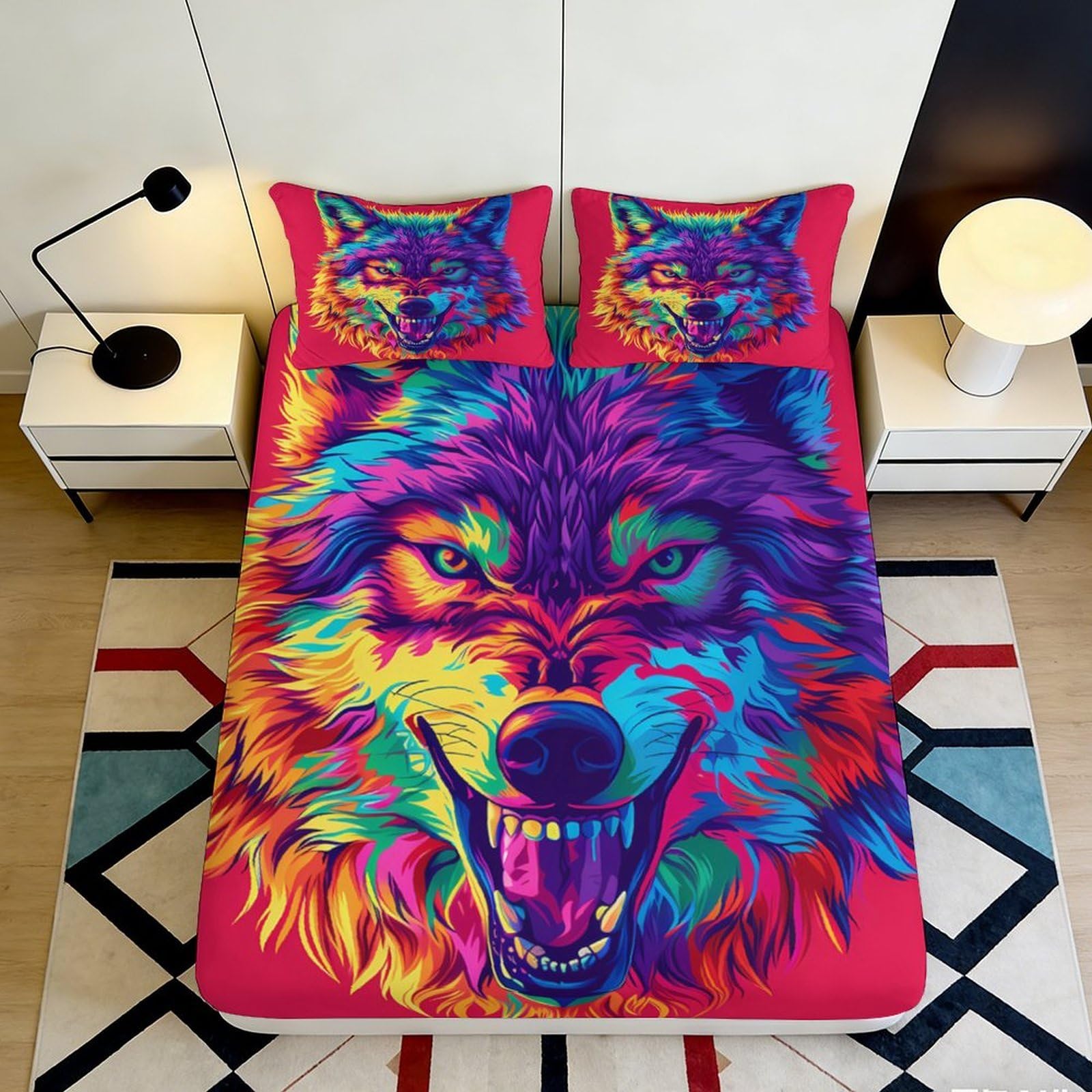 3D Printed Colorful Wolf Fitted Sheet Microfiber Soft Breathable Vibrant Wolf Face Bed Cover for Bedroom Dormitory Guest Room Mattress Protection Decor 120x200x25cm