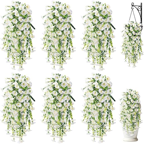Artificial Flower for Outdoors, 6PCS Fake Artificial Morning Glory Flowers, UV Resistant Outdoor Flowers Hanging Morning Glory, Realistic Faux Flower for Spring Garden Porches Decor (White)