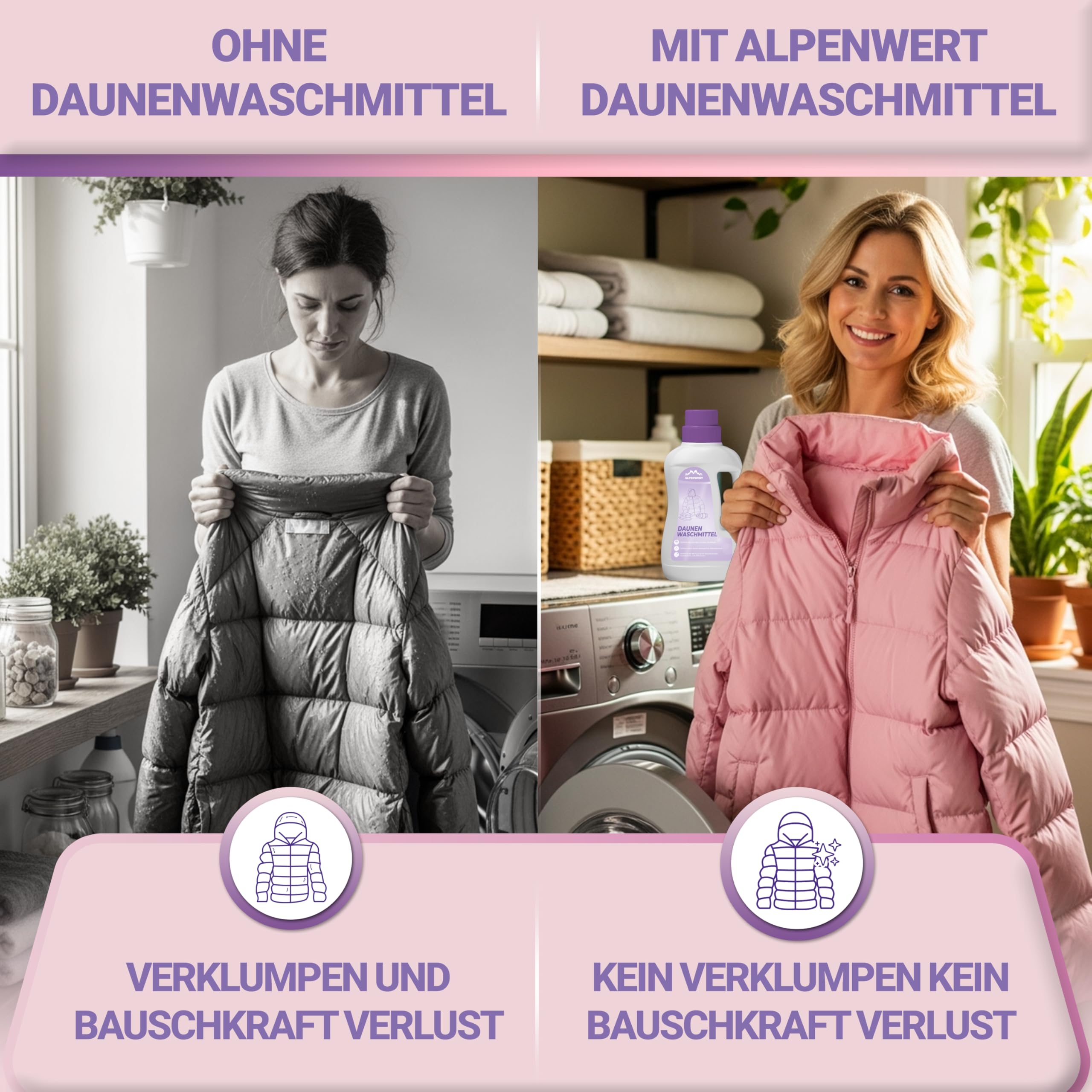 ALPENWERT Daunenwaschmittel 2x1L - Spezialwaschmittel für Daunenjacken, Bettdecken, Schlafsäcke & Kissen - sanftes Waschmittel für fasertiefe Reinigung & Pflege mit frischem Duft - Made in Germany
