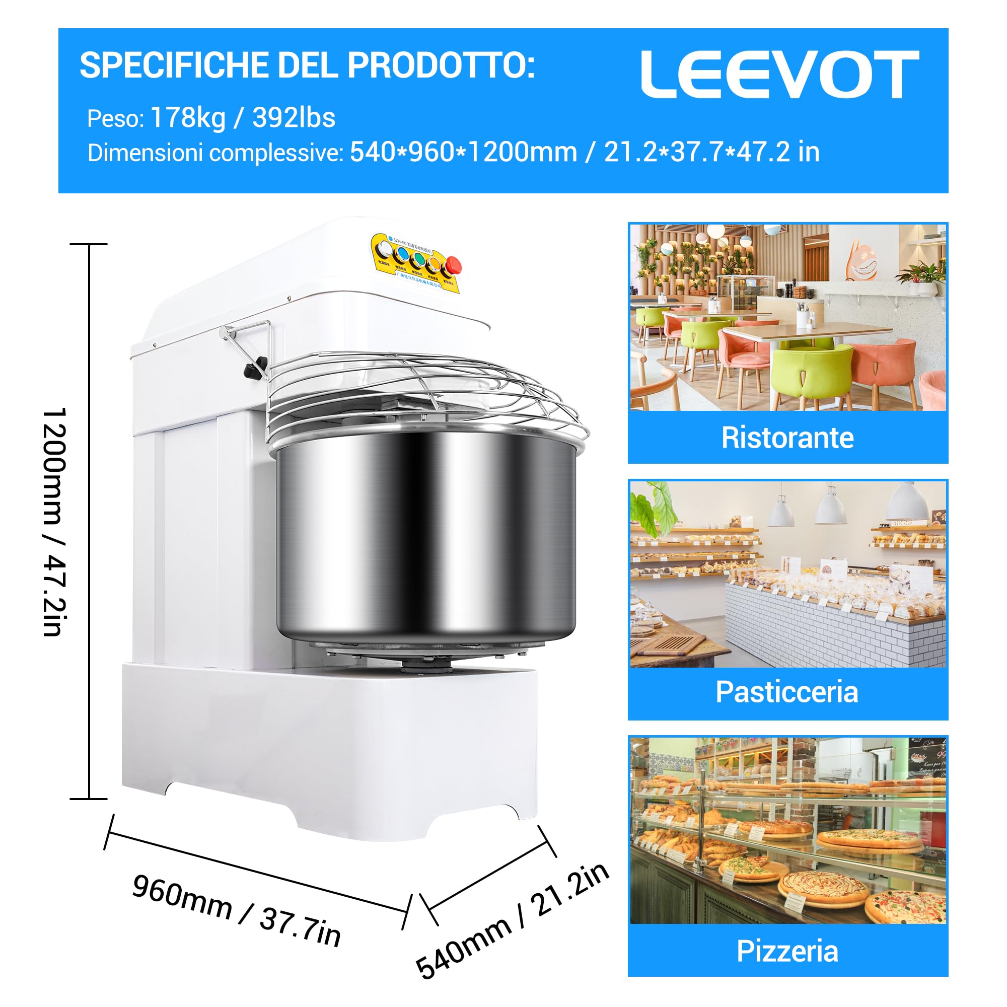LEEVOT Impastatrice Planetaria, 4000W Planetaria Professionale, Ciotola in Acciaio 60L, 25KG Farina, 35KG Impasto, 2 Velocità Regolabili, Spegnimento Automatico, Alimentazione a 380V a tre fasi.