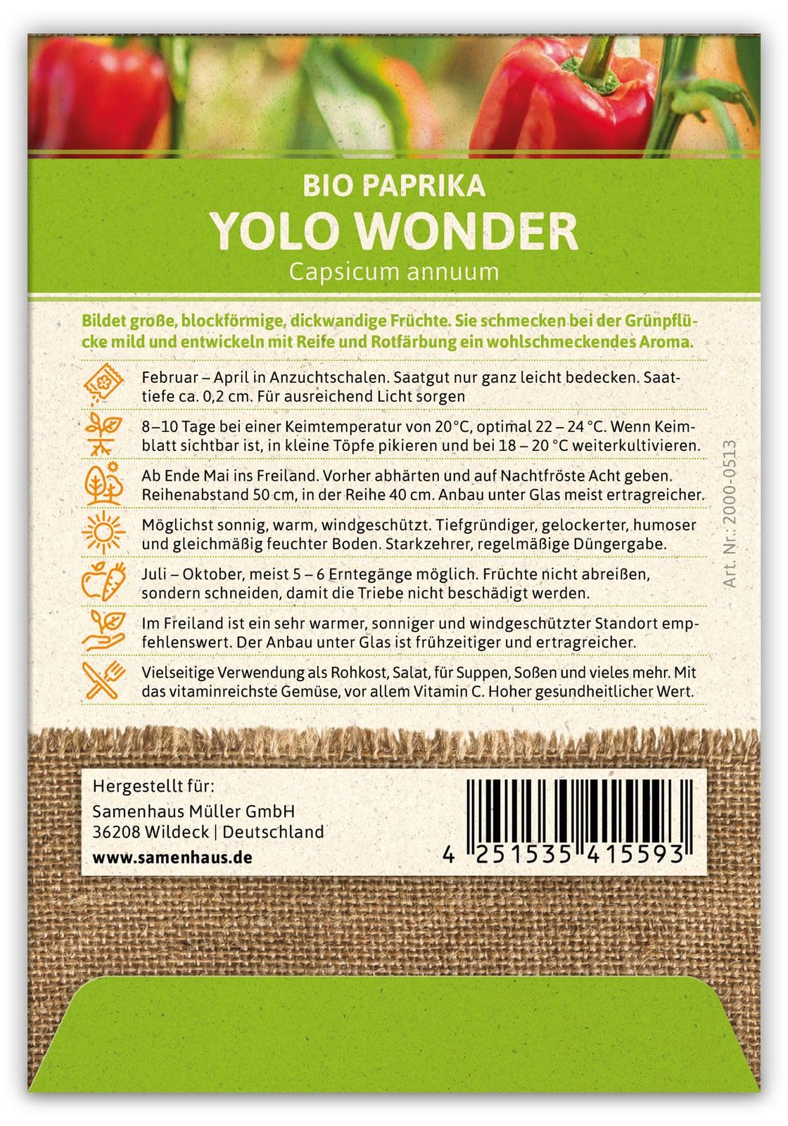 FLORTUS 2000-0513-100x Paprika Yolo Wonder (100 Stück) (BIO Paprikasamen)