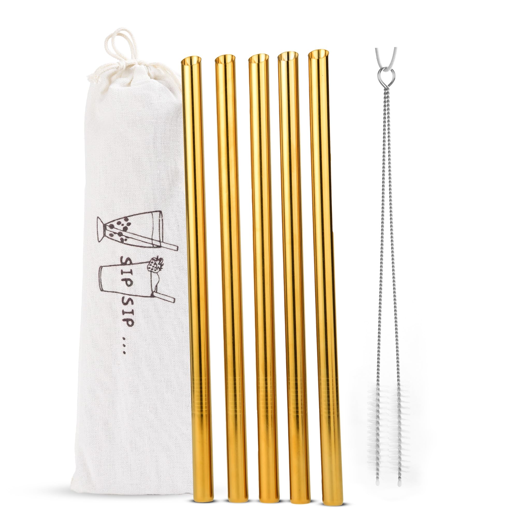 The Autostory Angled Tips Reusable Boba & Smoothie Straws, 5 Pcs 10" Long & 0.5" Wide Stainless Steel Metal Straws for Bubble Tea/Tapioca Pearl, Shakes, Jumbo Drinks with 2 Brushes & 1 Bag (Golden)