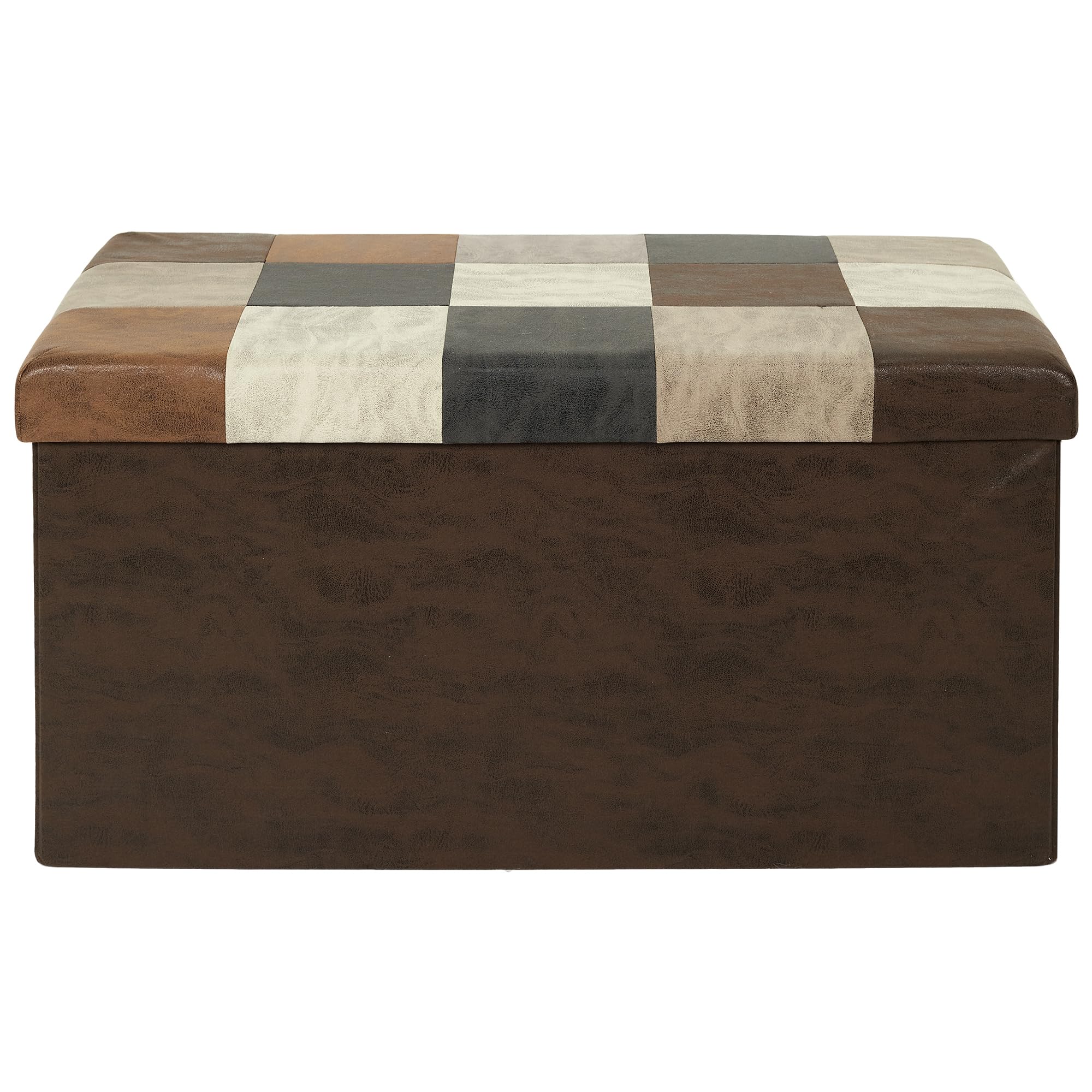 HOME DECO FACTORY - HD7666 Baúl Banco Plegable Patchwork PU M2 - Mobiliario Bistró Industrial - Asiento Cómodo y Almacenamiento - 76 x 38 x 38 cm - Altura del Asiento 38 cm - Color Marrón