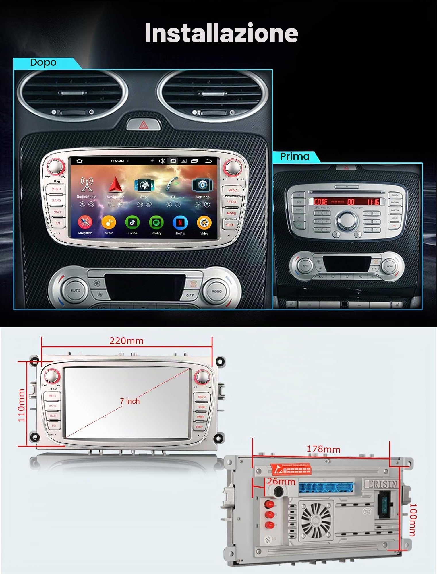7" Android 16 Autoradio Carplay per Ford Focus Mk2 Mondeo Mk4 C-MAX S-MAX | 8 Core 4GB+64GB Bluetooth 5.1 GPS Navigatore Touch schermo Wireless CarPlay Wifi Bluetooth 5.1 DSP Canbus SWC