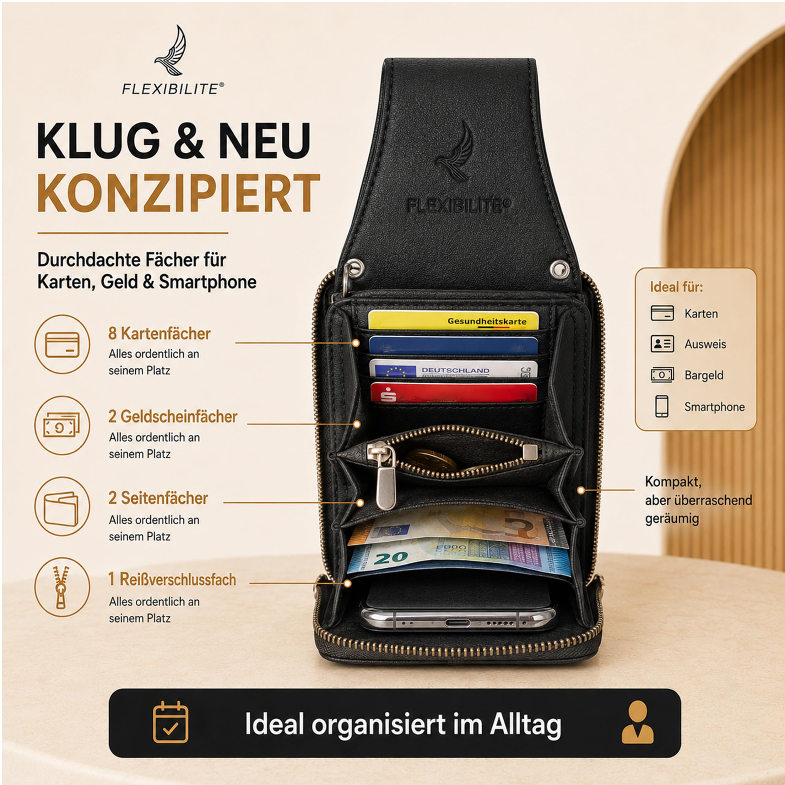 Handytasche Zum Umhängen Mit Portemonnaie (Tasche 20×11×5 cm - Handyfach 17×9×3 cm) - Echt Leder Handy-Umhängetasche Damen - Handytasche Mit Geldbörse - 220 g - Schwarz [2026]