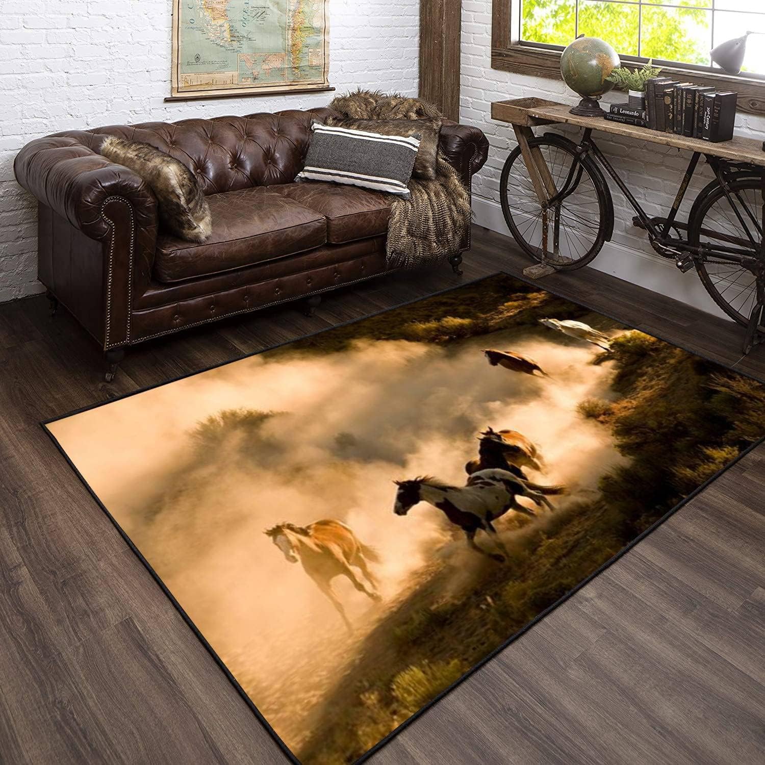 Tapis anti dérapant salon motif cheval 3D nettoyage facile
