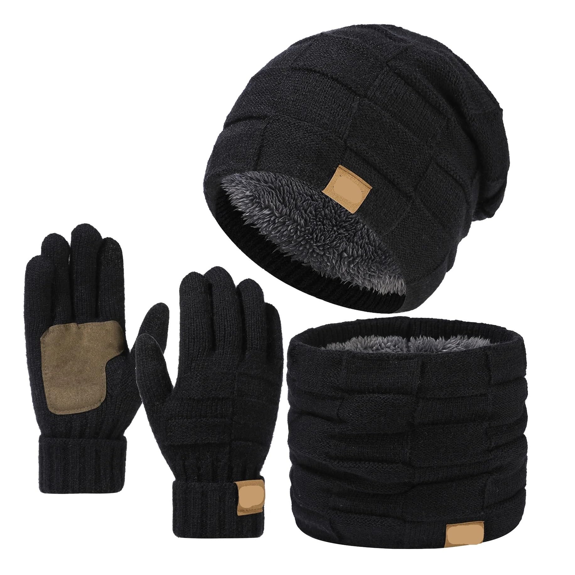 Conjunto de gorro, bufanda y guantes para invierno con orejeras de punto grueso protector 5