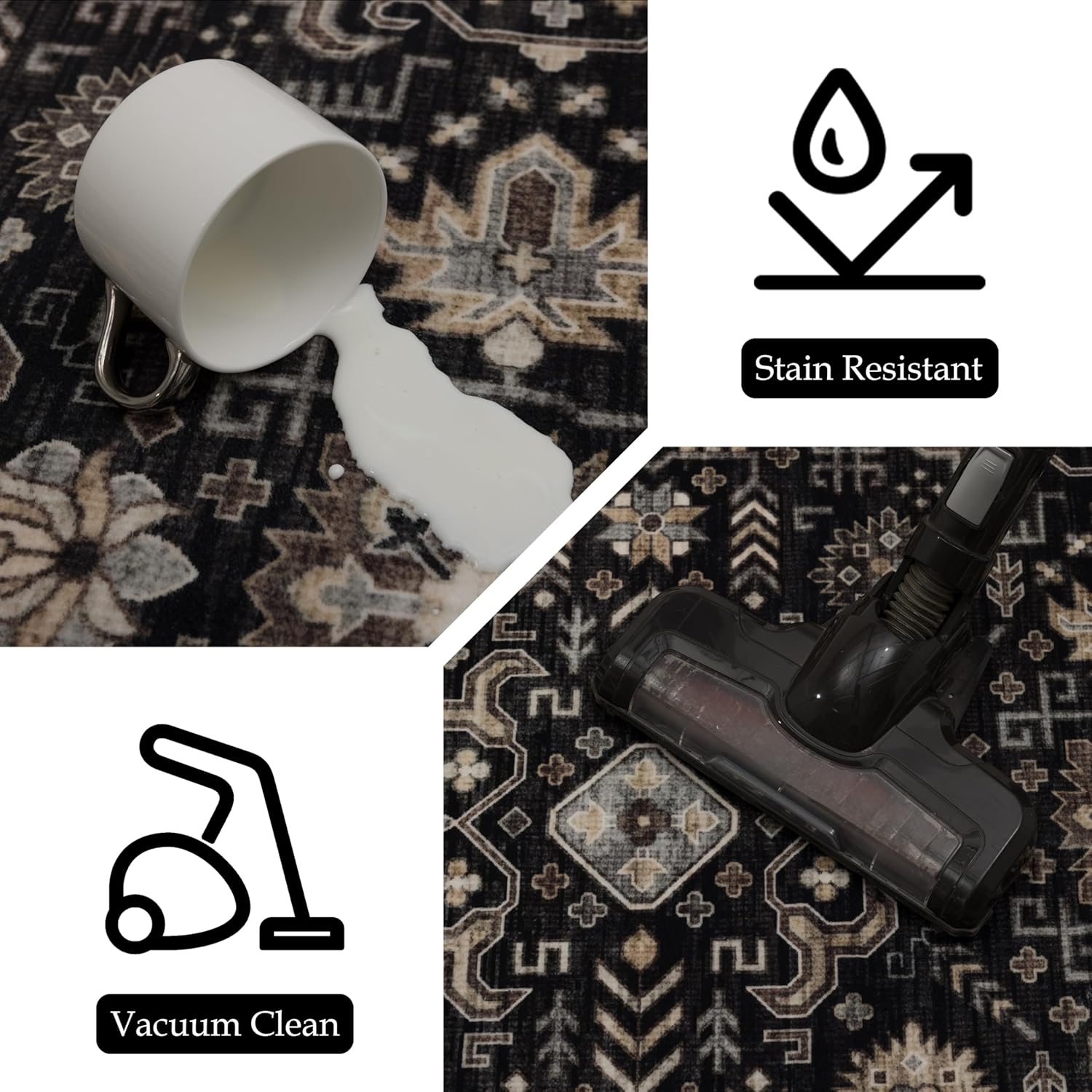 Ruaruarug Area Rug Non Slip Machine Washable Ultra Soft Living Room/Bedroom/Kitchen/Outdoor/Classroom Black Gold, 2'×6'
