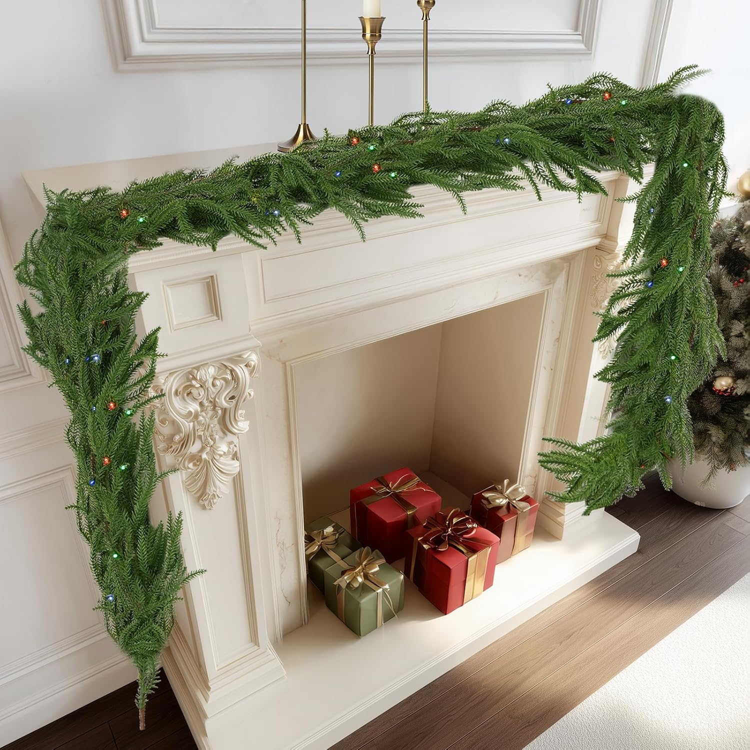 9FT Norfolk Pine Garland with Light, Realistic Christmas Tree Prelit Real Touch Cedar Garland for Mantle Fireplace Outdoor Indoor Decorations