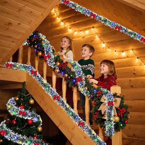 Miniatura 4 de Guirnalda de oropel de Navidad de 33 pies con luces, guirnalda colgante metálica brillante con 100 luces LED, 20 lazos rojos, para árbol de Navidad,