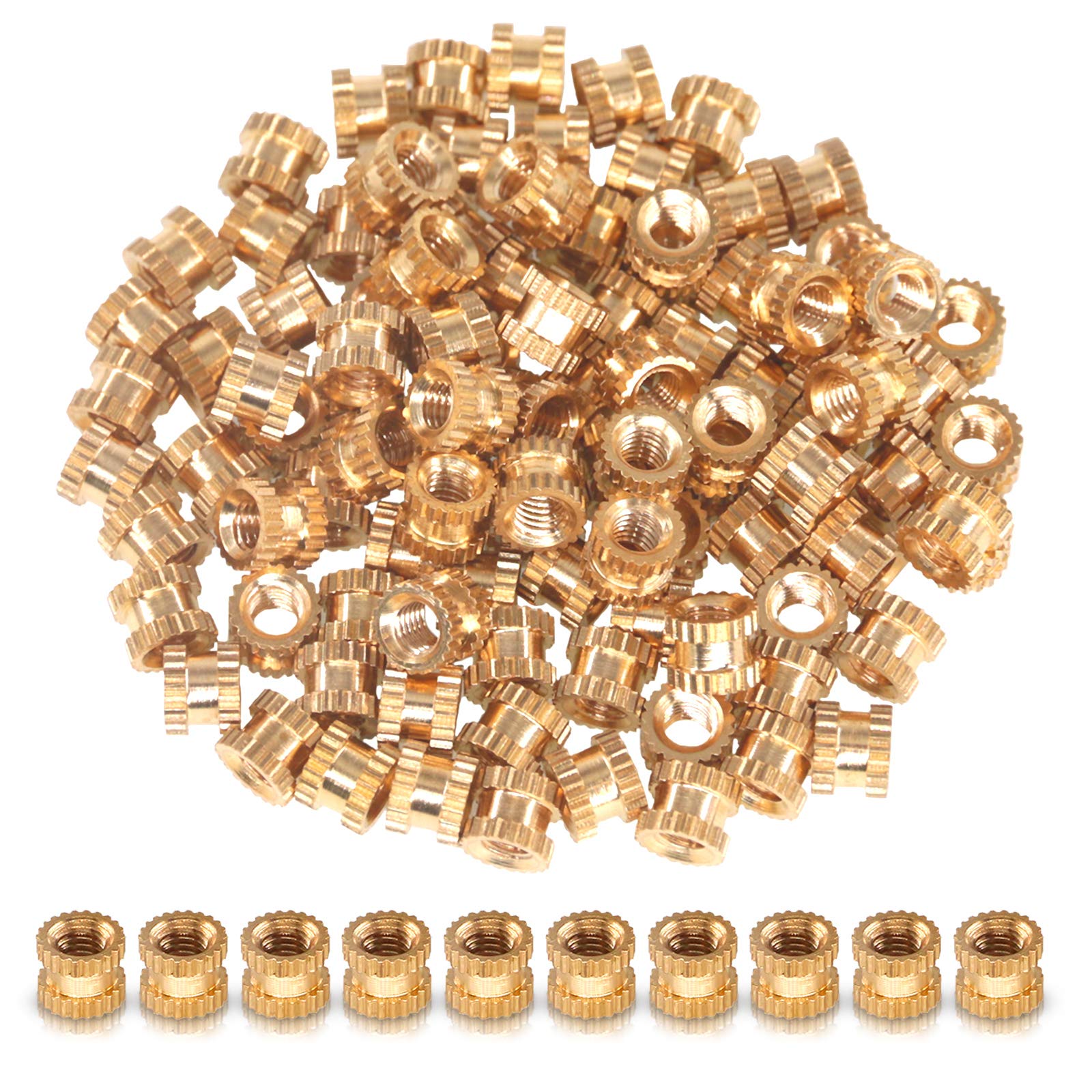 Hilitchi 100 Pcs Female Thread Brass Knurled Threaded Insert Embedment Nuts, Embed Parts, Pressed Fit into Holes for 3D Prints and More Projects (M3x4mmx5mm)