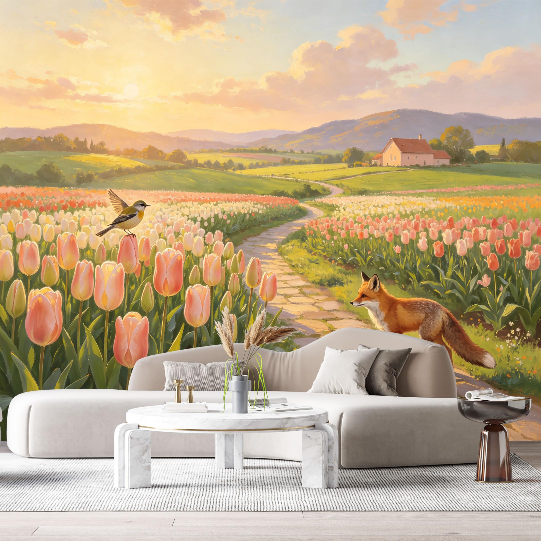 Custom Size Wall Murals Sunset Tulip Field Farmhouse Oil Painting Fox Bird Stone Path SelfAdhesive Wall Fabric Removable Large Wallpaper for Photo Living Room