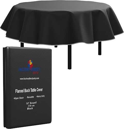 Exquisite Manteles redondos de vinilo negro de 70 pulgadas, paquete de 1 mantel redondo con reverso de franela, plástico, reutilizable e impermeable