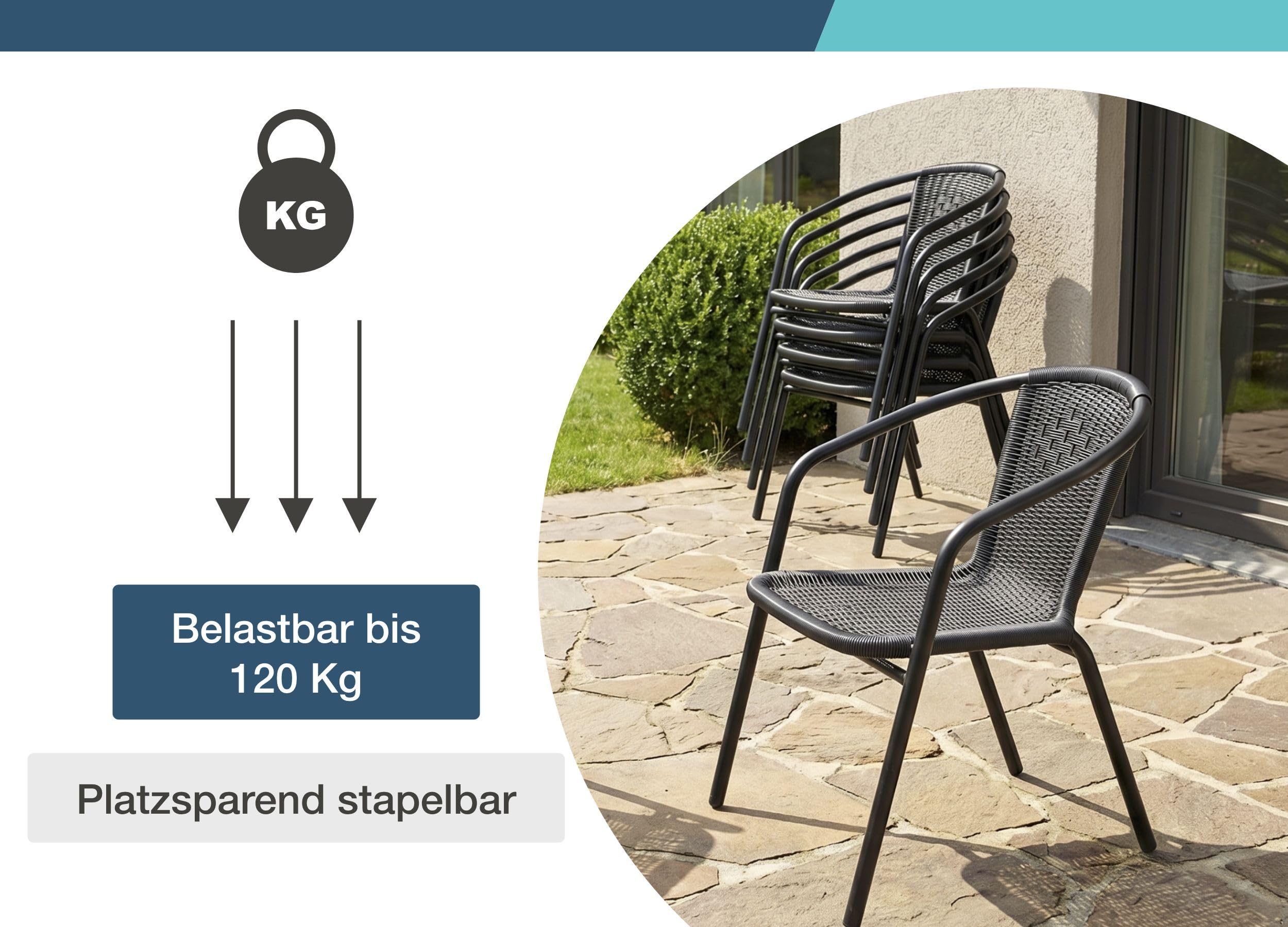 LC Garden Garvista 4er Stuhl Set Bistrostuhl Stapelstuhl, Gartenstuhl, Terassenstuhl, stapelbarer Armlehnstuhl mit Metallgestell in schwarz und Polyrattangeflecht
