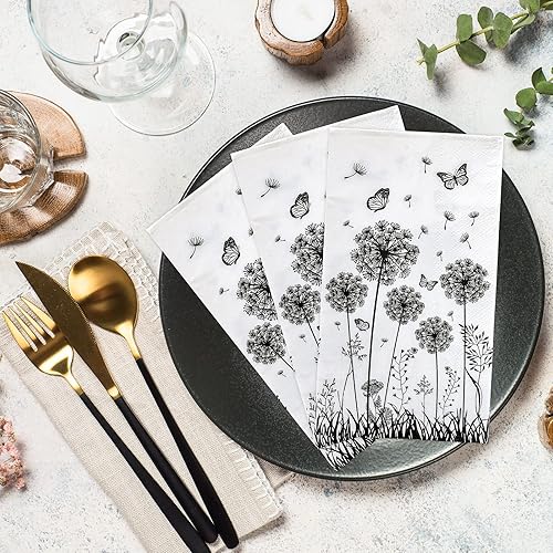 Miniatura 6 de Whaline Paquete de 100 servilletas de papel desechables de diente de león de 2 capas de color negro y blanco, toallas de mano de papel con mariposas