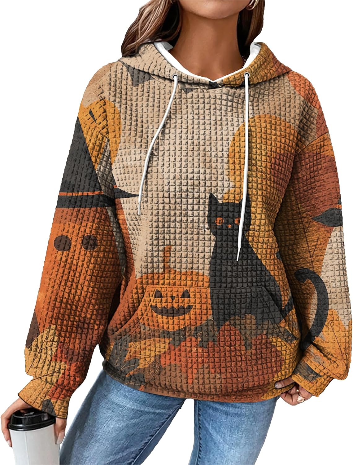 Womens Sweatshirts Halloween Graphic Drawstring Hooded Tops Oversized Casual Waffle Pullover