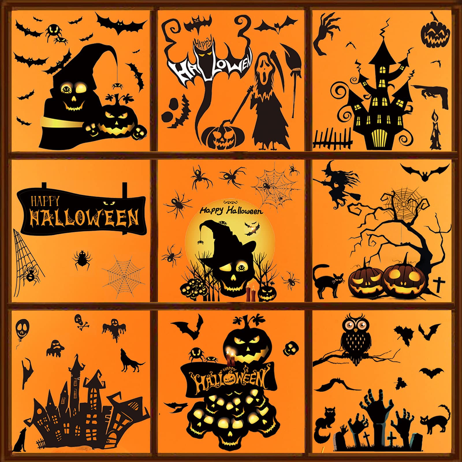 9 Sheet Halloween Window Stickers, Reusable Halloween Window Cling Decals Decoration Including Bat, Castle, Pumpkin, Double-Sided Static ​Sticker for Halloween Decor ​Party (Castle and Pumpkin 2)
