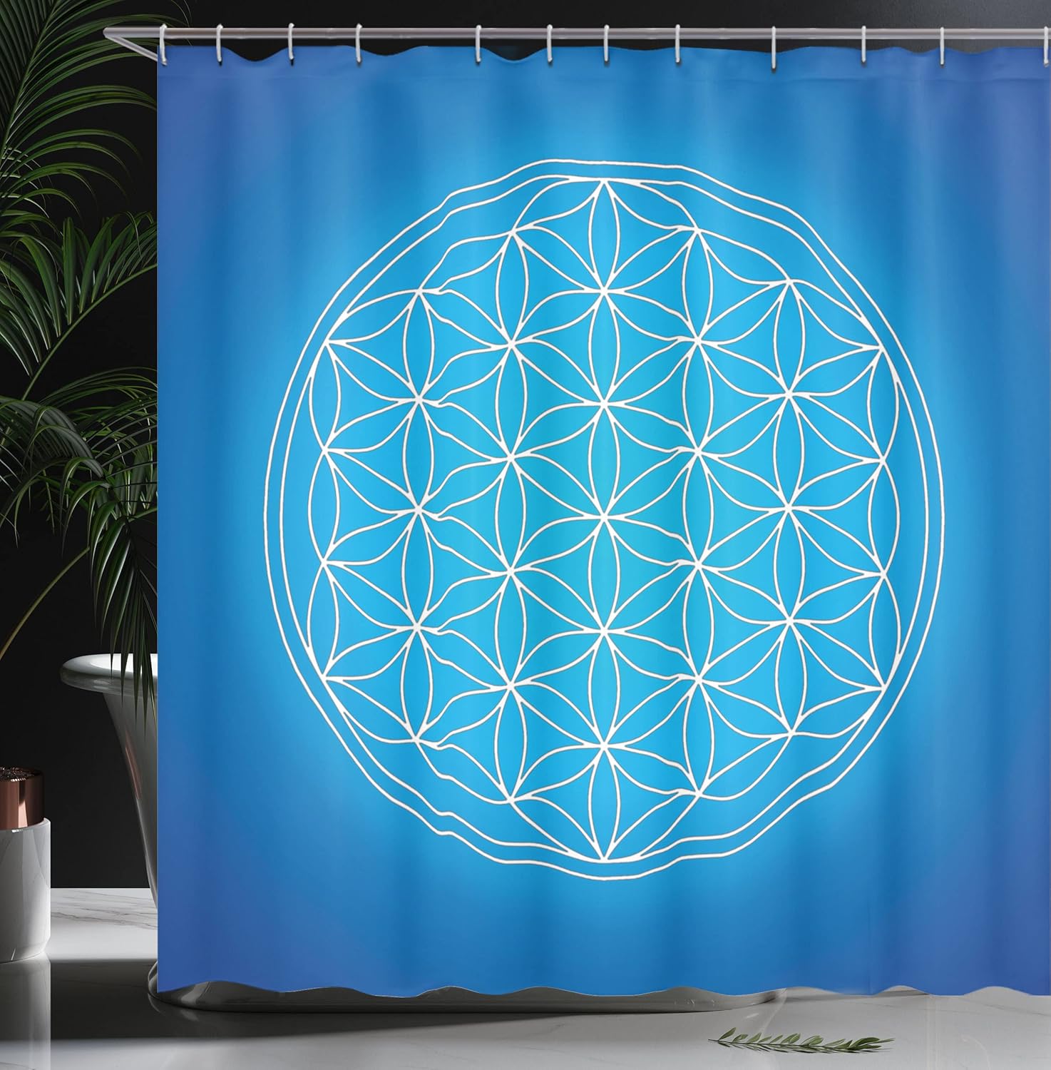 Ambesonne Geometry Shower Curtain, Flower of Life Grid Pattern Consisting of Types Overlapping Circles Theme, Cloth Fabric Bathroom Decor Set with Hooks, 69" W x 70" L, Blue White