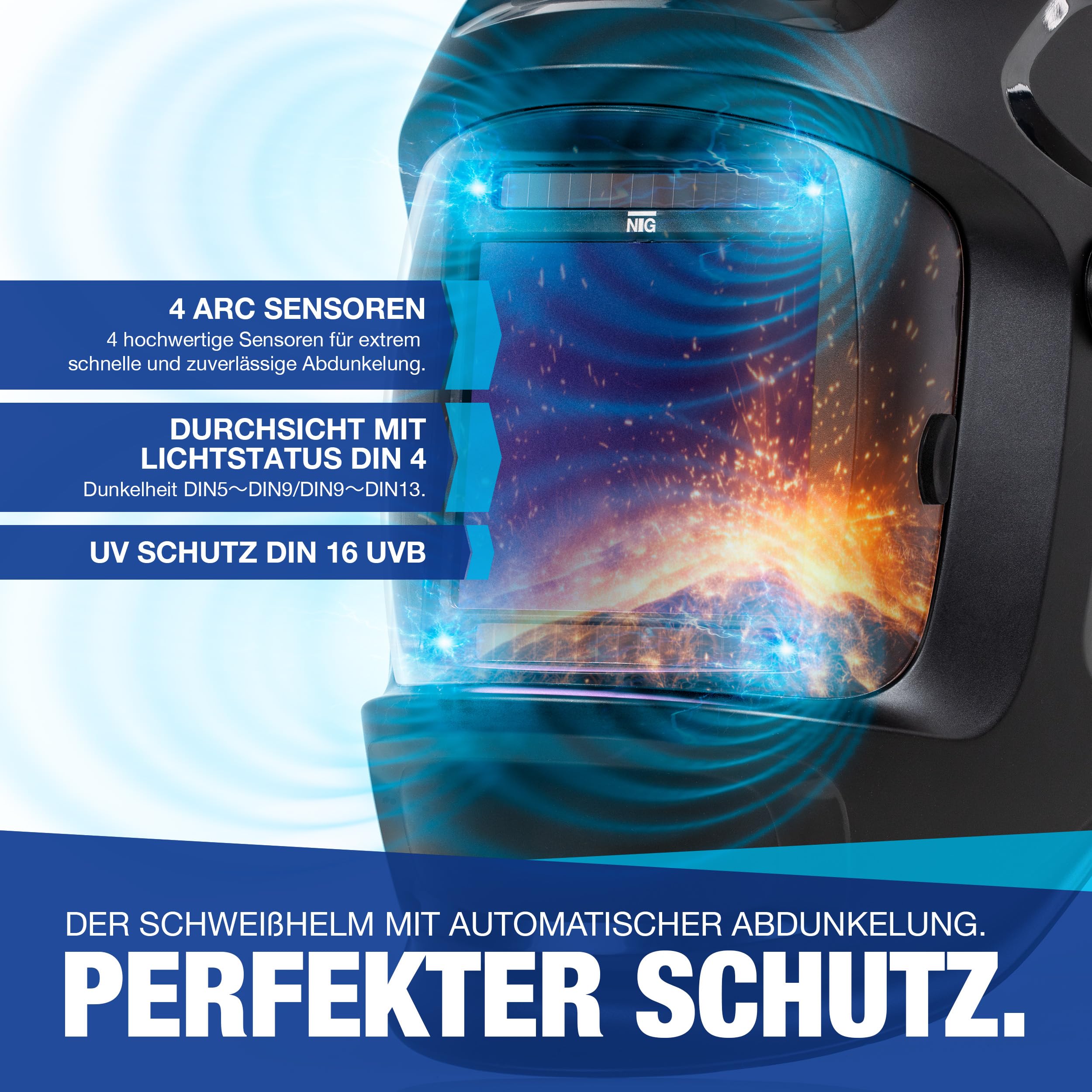 Automatik Schweißhelm NTG SGZ.2020 mit LY800F – 4 hochwertige Sensoren, Volleinstellbar Solar Schweisshelm für alle Schweißanwendungen für Schleifen, Schneiden, Schweißen