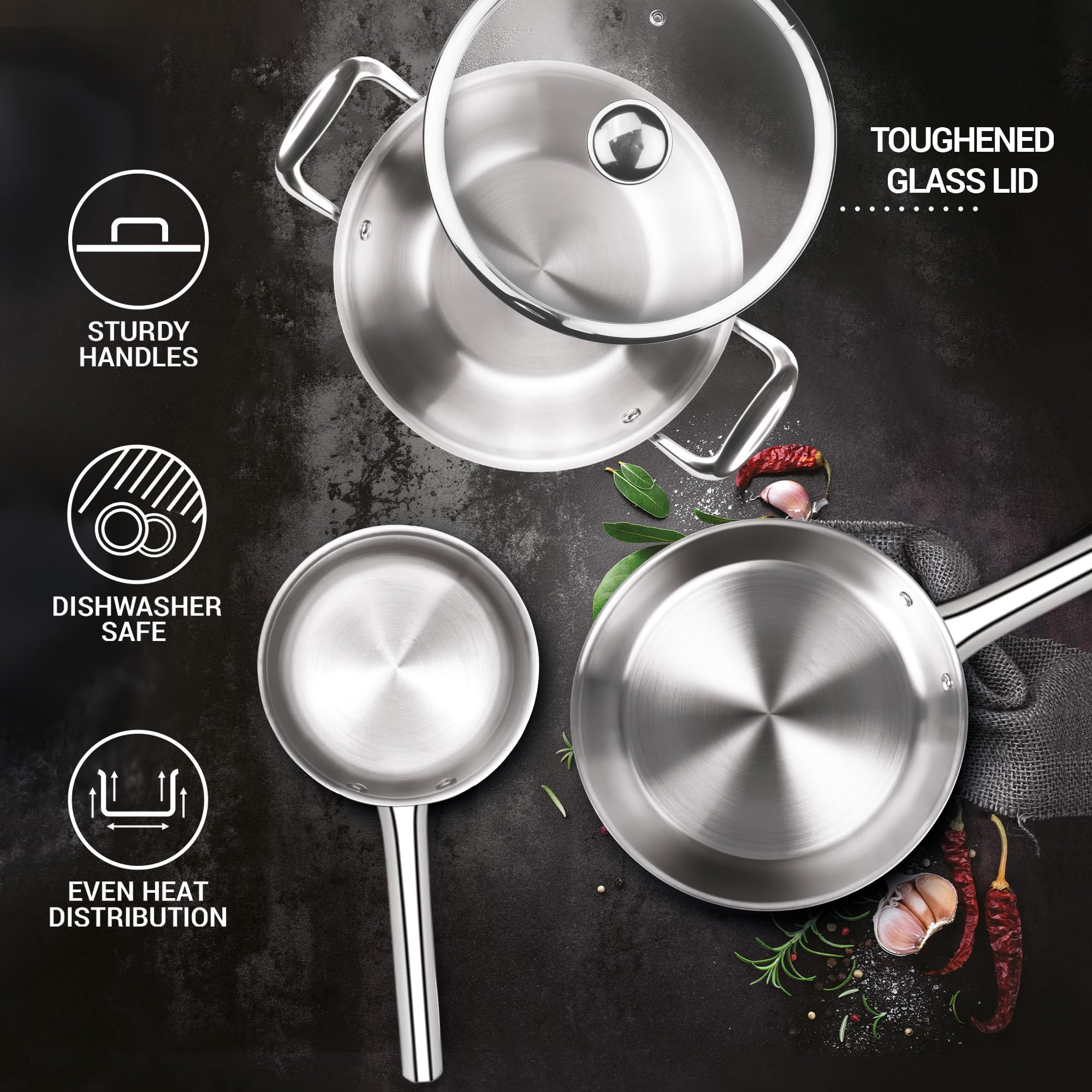 Milton Pro Cook Induction Cookware & Gas Stove Friendly Triply Stainless Steel 4Pc Cookware Set | Tea Pan 16 cm | Fry Pan 22 cm | Kadai with Glass Lid 24 cm | Even & Fast Cooking | 3 Years Warranty 1
