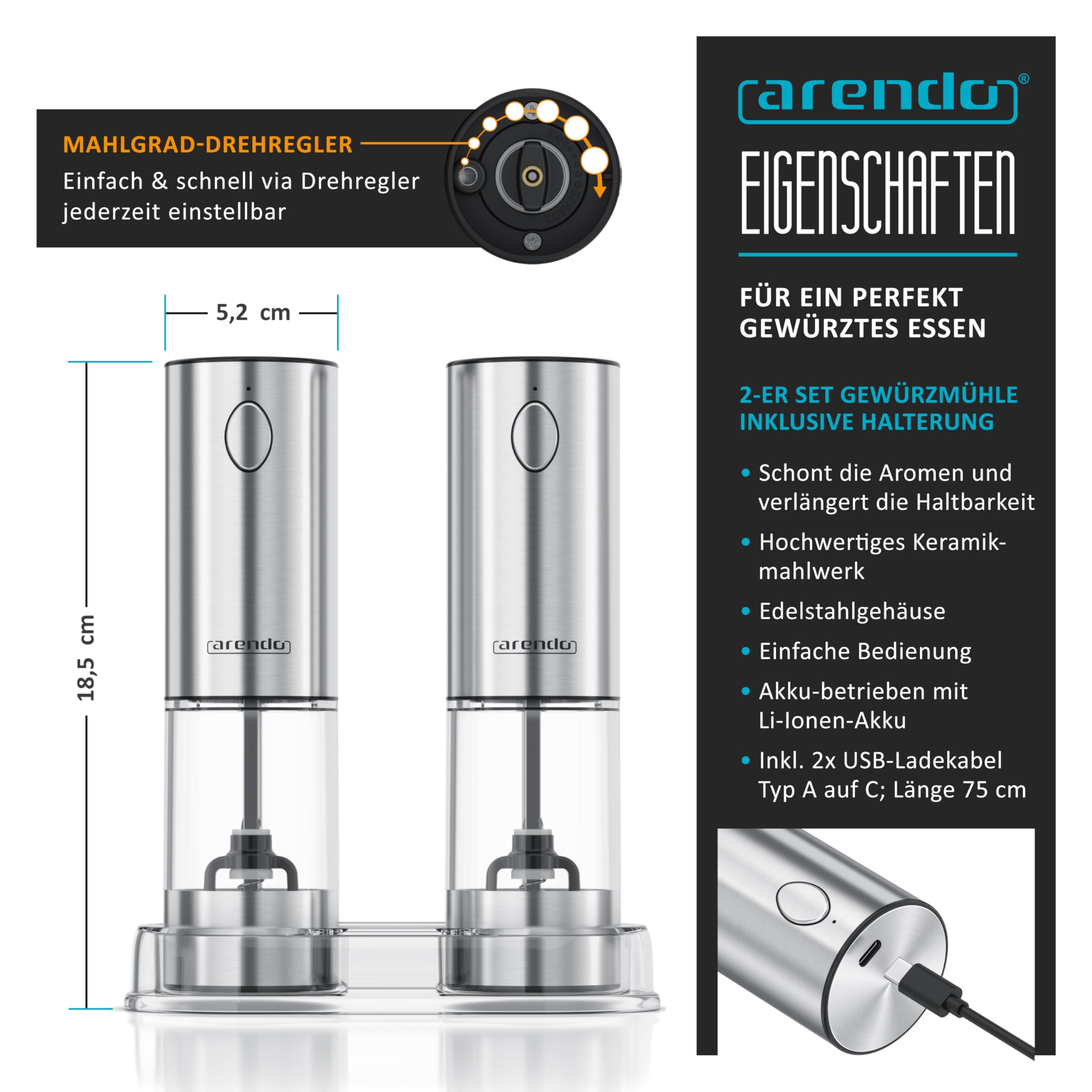 Arendo - Salz und Pfeffermühlen Elektrische 2er Set - mit USB Wiederaufladbarer - Verbesserte große Kapazität - Gewürzmühle elektrisch - Einstellbare Grobheit - LED-Licht