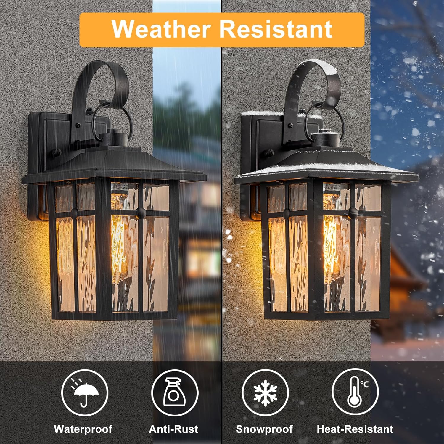 2 Pack Dusk to Dawn Outdoor Wall Lights, Aluminum Exterior Light Fixtures Wall Mount with Ripple Glass, Waterproof Black Porch Lights, Outside Wall Lantern for Entryway, Garage, Patio
