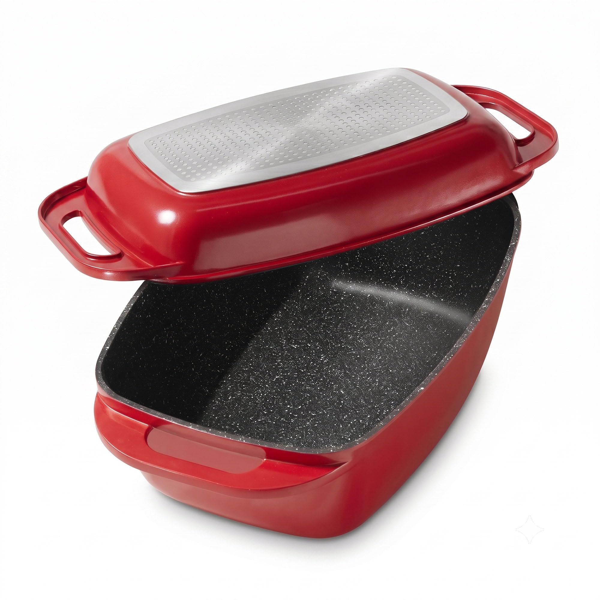 STONELINE Casseruola XXL 43x26 cm, Rostiera con Coperchio in Alluminio Pressofuso a Induzione, Coperchio utilizzabile come Stampo, Rivestimento Antiaderente con Vere Particelle di Pietra, Rosso