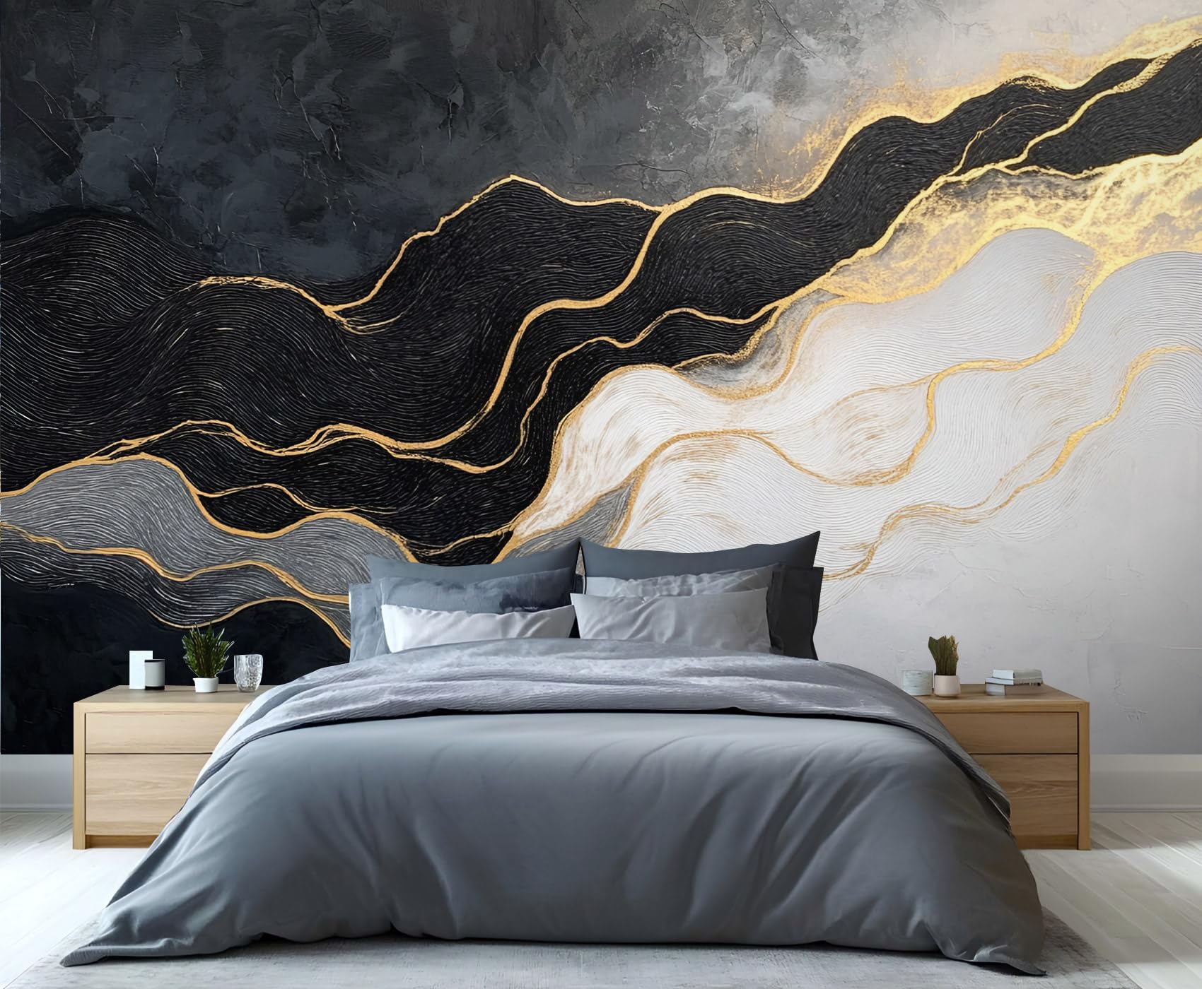 YXQAIED Marble Wallpaper, Black White and Gray Marble Wallpaper Mural, Gold Lines Wallpapers for Bedroom Living Room, Not Self-Adhesive Home Decor 3D Wall Murals