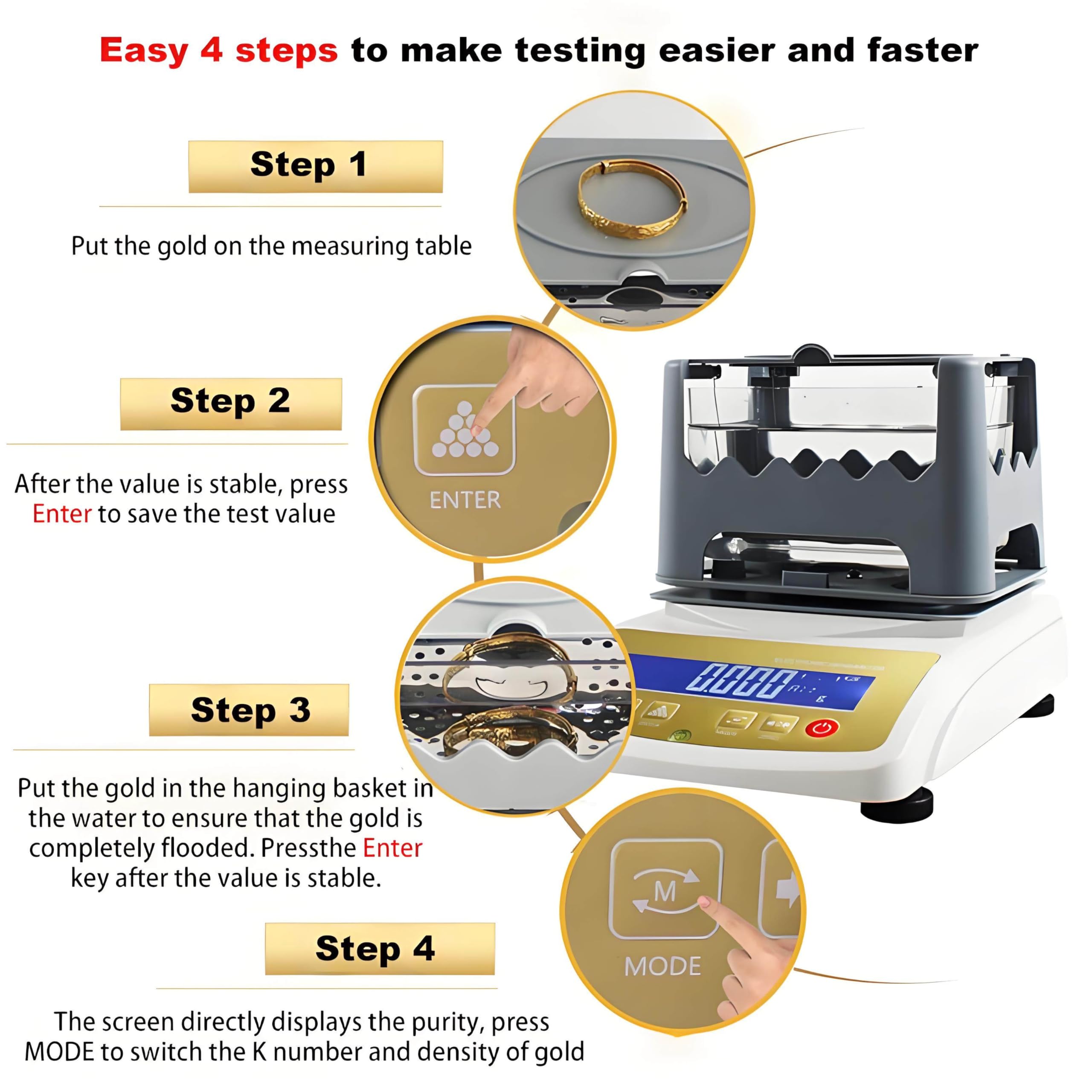 Analizador automático de Metales y pureza de Oro con Detector de Quilates y Pantalla LCD para medir la Densidad del Oro, la Plata y el Platino (XF1203K).