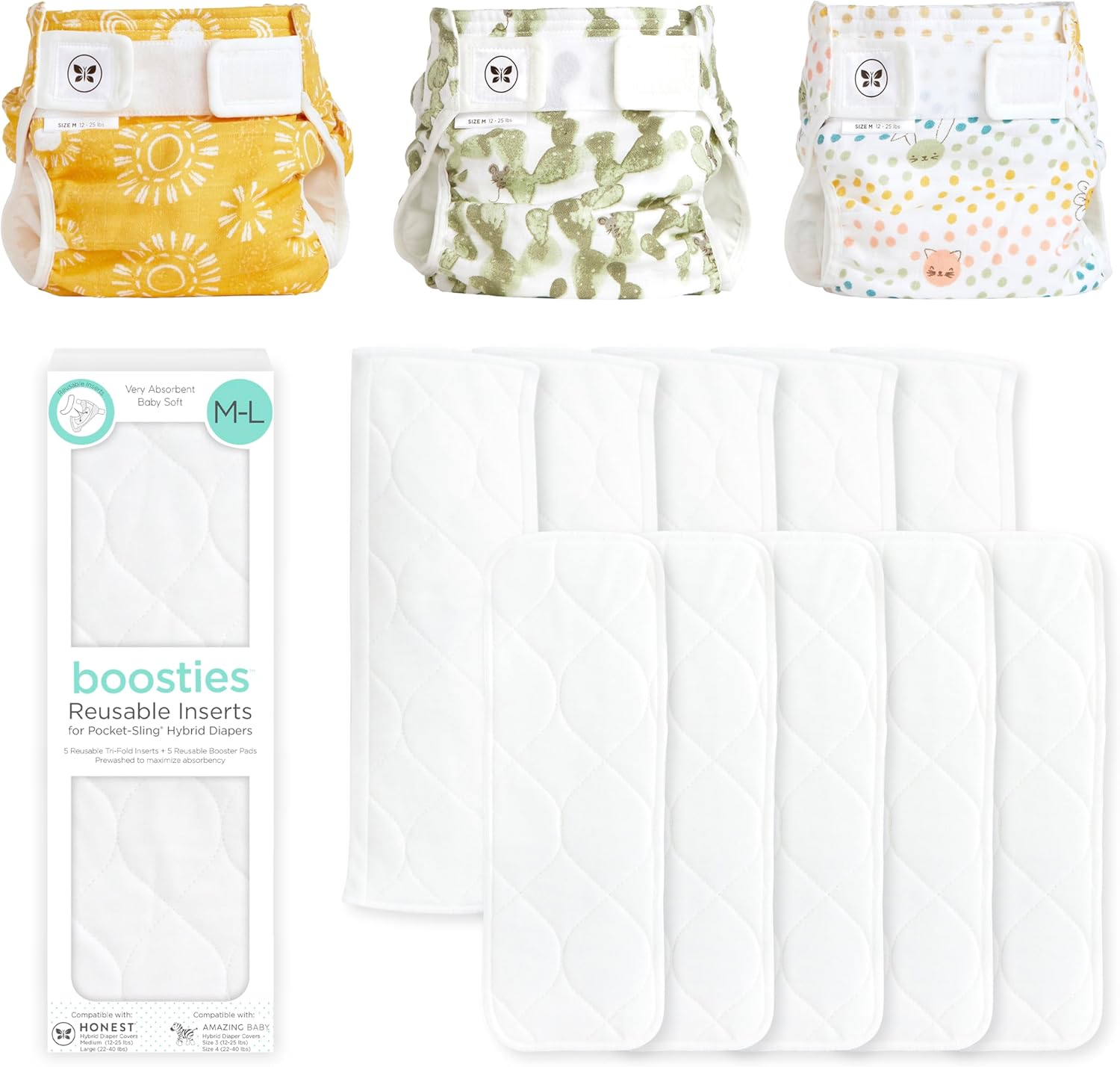 Honest Hybrid Cloth Diaper Cover + Super Boosties Reusable Inserts, Medium (12-25 lbs), Cotton Muslin Honest Covers Feature Pocket-Sling, 3 Pack, Boosties Inserts 10 Count