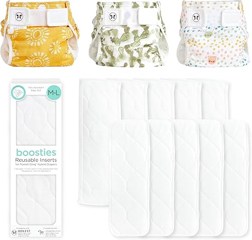 Honest Hybrid - Funda para pañales de tela + inserciones reutilizables Super Boosties, tamaño mediano (12-25 libras), fundas de muselina de algodón