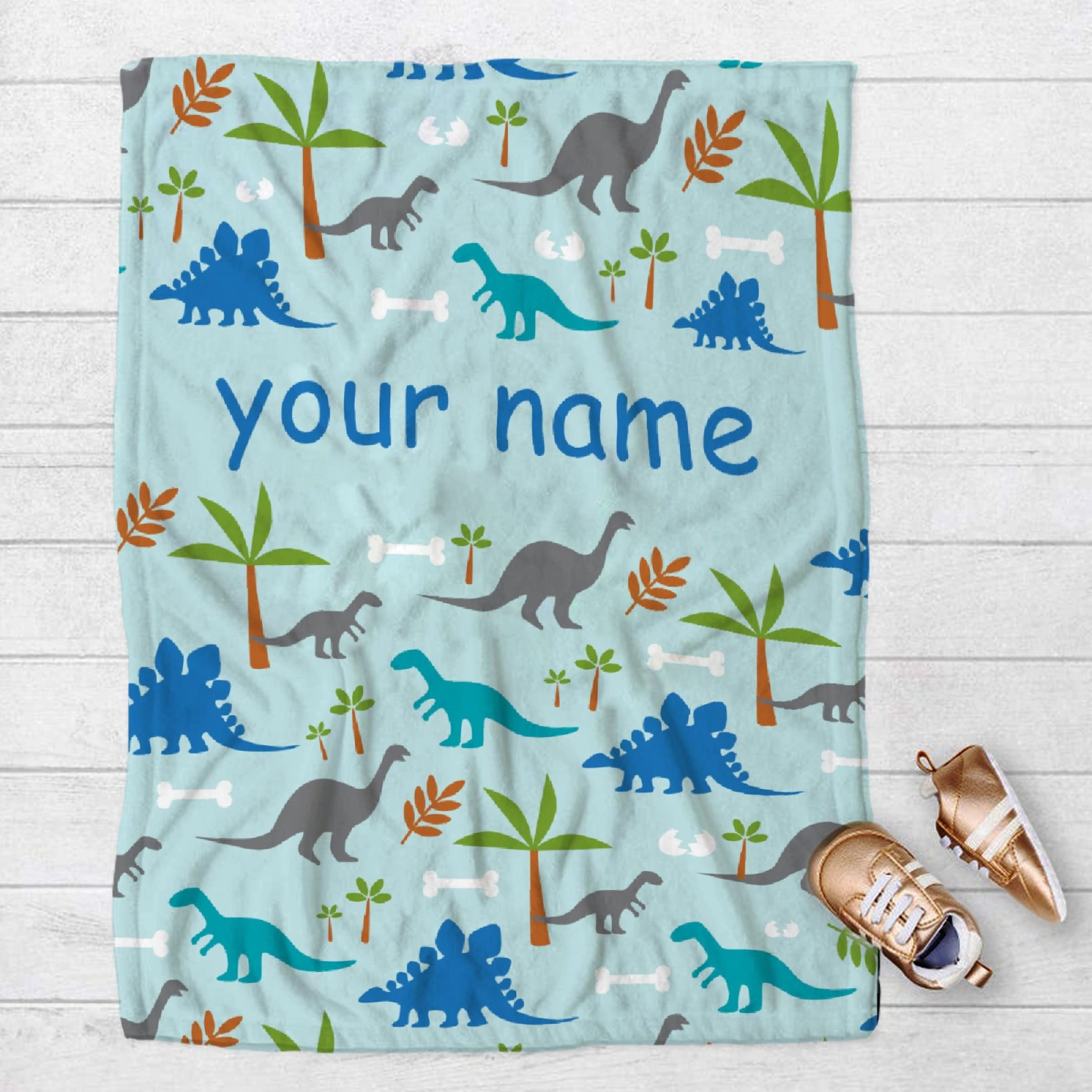 Custom Photo Blanket - Personalized Light Blue Dinosaur Flannel Throw For Kids, Birthday Or Christmas Gift