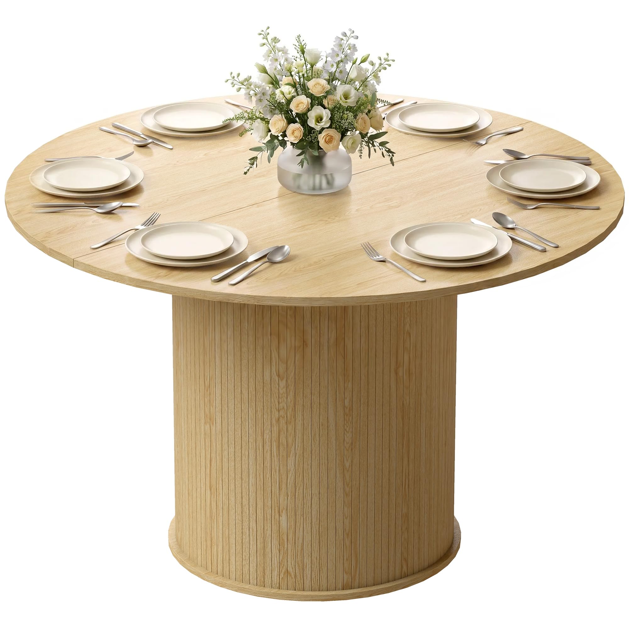 HOMCOM Table à Manger Ronde pour 4-6 Personnes Ø 120 x 75 cm Bois Naturel | Table de Cuisine Moderne, Large Plateau, Base Cylindrique Cannelée, pour Salon, Salle à Manger