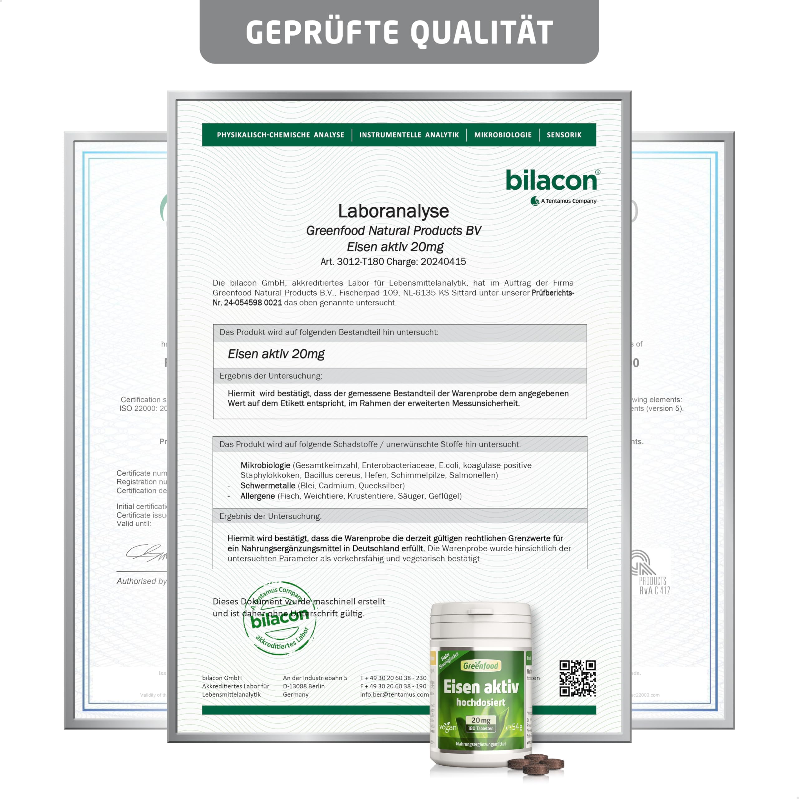 Eisen aktiv, hochdosiert, 20mg - 180 Tabletten, vegan. Eisenbisglycinat - gut verträglich - gegen Müdigkeit & Erschöpfung, Eisenmangel. OHNE künstliche Zusätze - laborgeprüft. Von Greenfood.