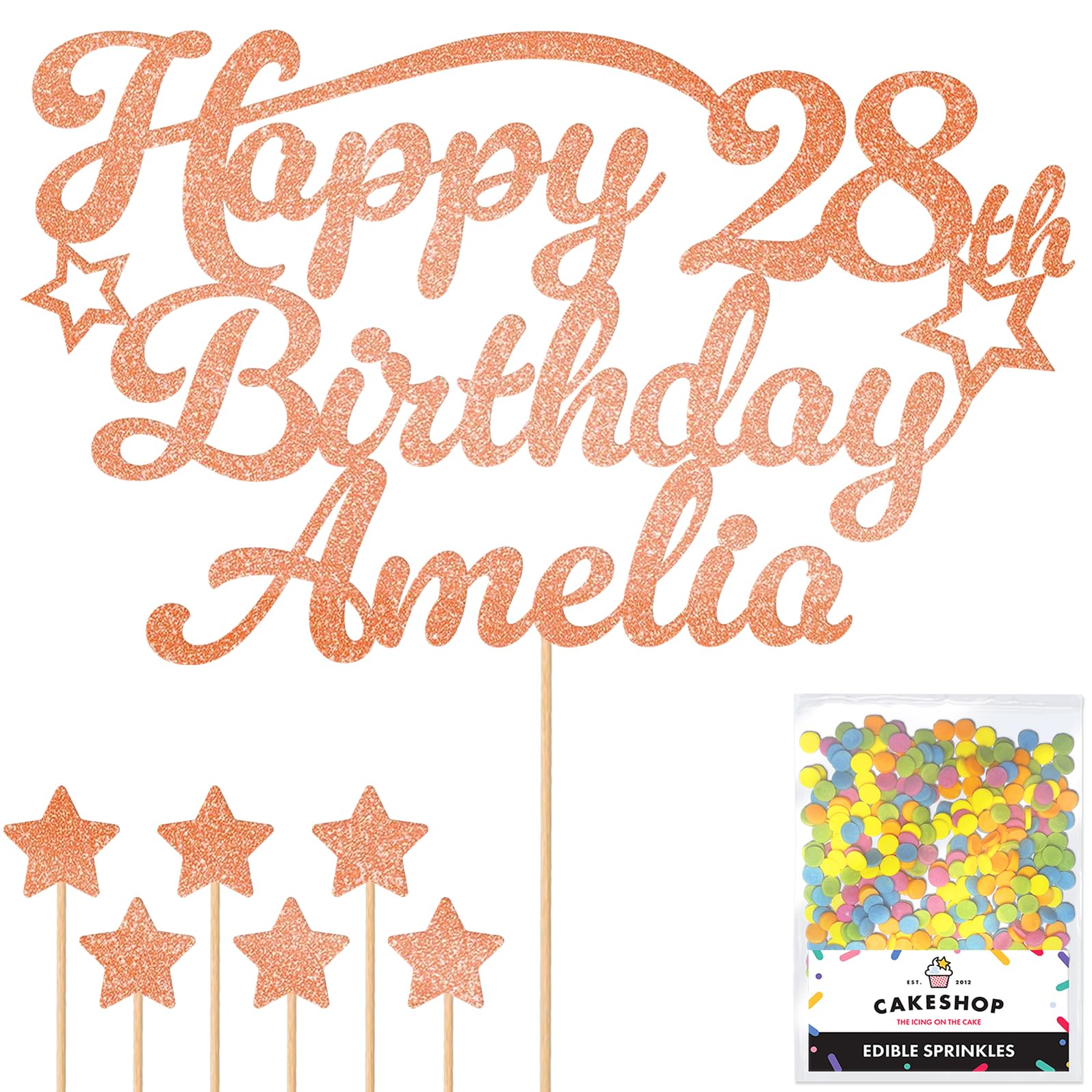Personalised Happy Birthday Glitter Cake Topper Stars - Rose Gold Any Name & Any Age Glitter Cake Decoration and Sprinkles - Happy Birthday Decorations - Personalised Toppers for Cakes by Cakeshop
