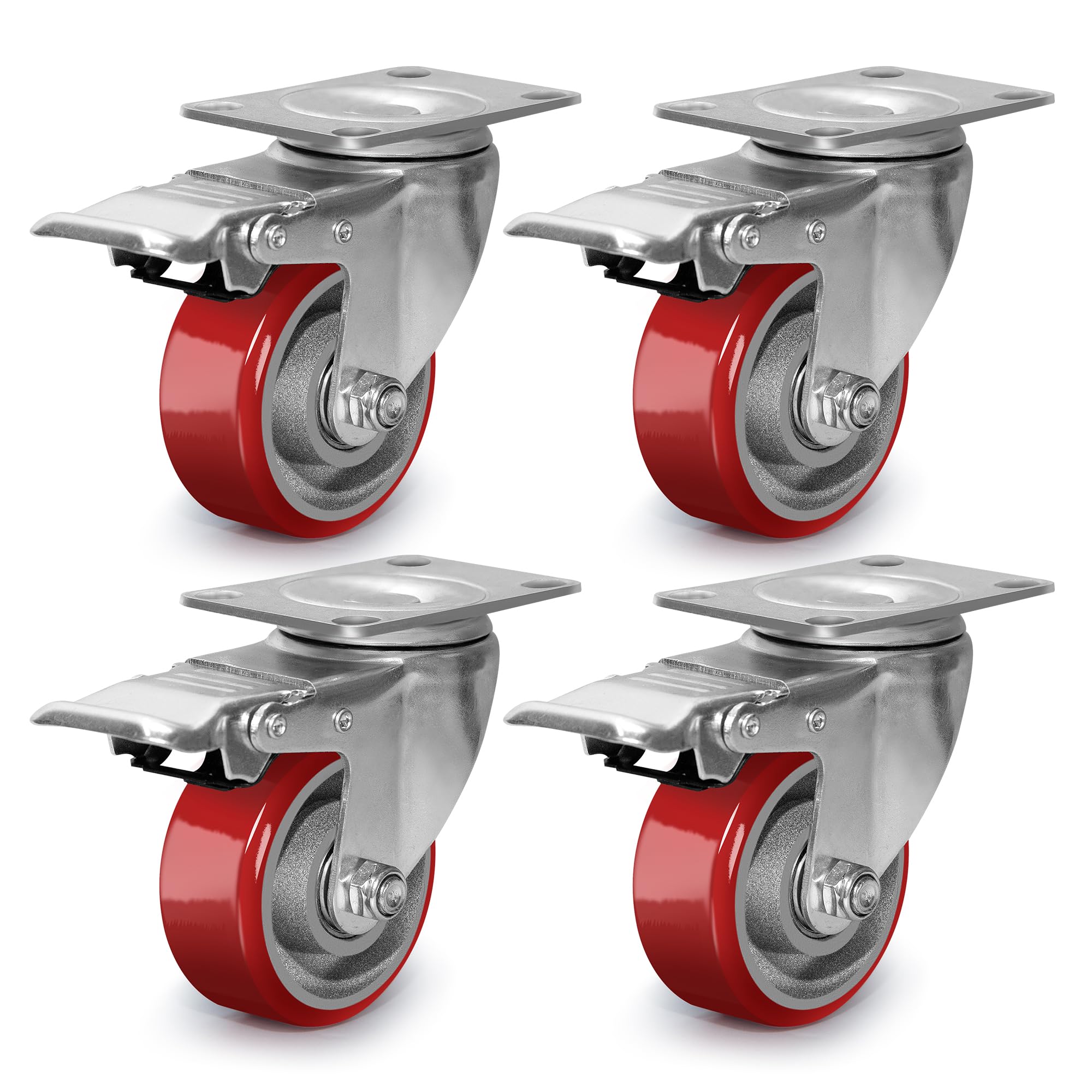 Sohnvwtgd 3 Inch Heavy Duty Casters, Swivel Caster Wheels With Brake, Polyurethane On Steel Wheel- Casters Set Of 4 With 1400 Lb Capacity, Caster Wheels For Furniture Workbench Cart (4 Brake)