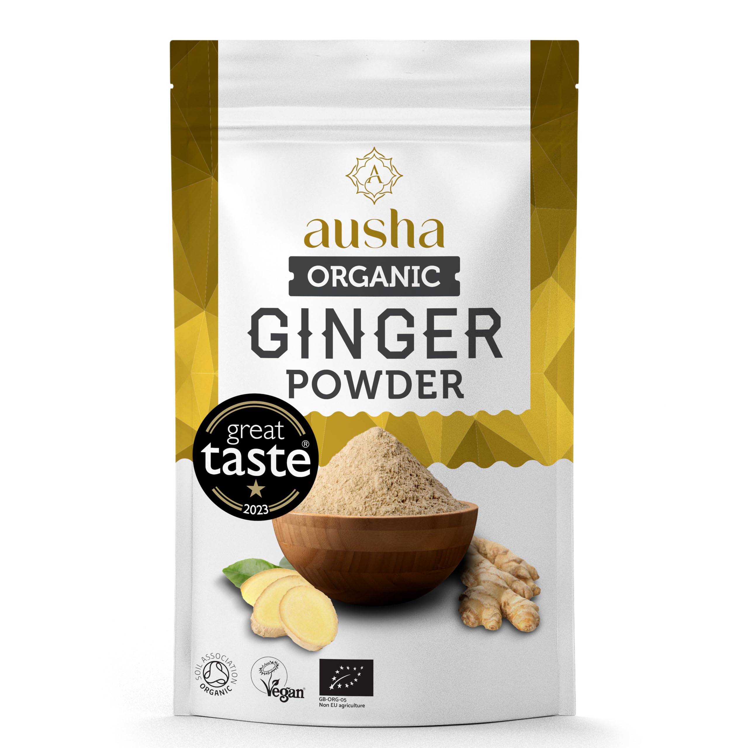 Ausha Organic GINGER POWDER 250g - UK Certified Orgainic by Soil Association -1* GREAT TASTE AWARD 2023 -Use in Ginger Shot, Cooking - Immunity, Digestion - Ground Ginger Root Tea