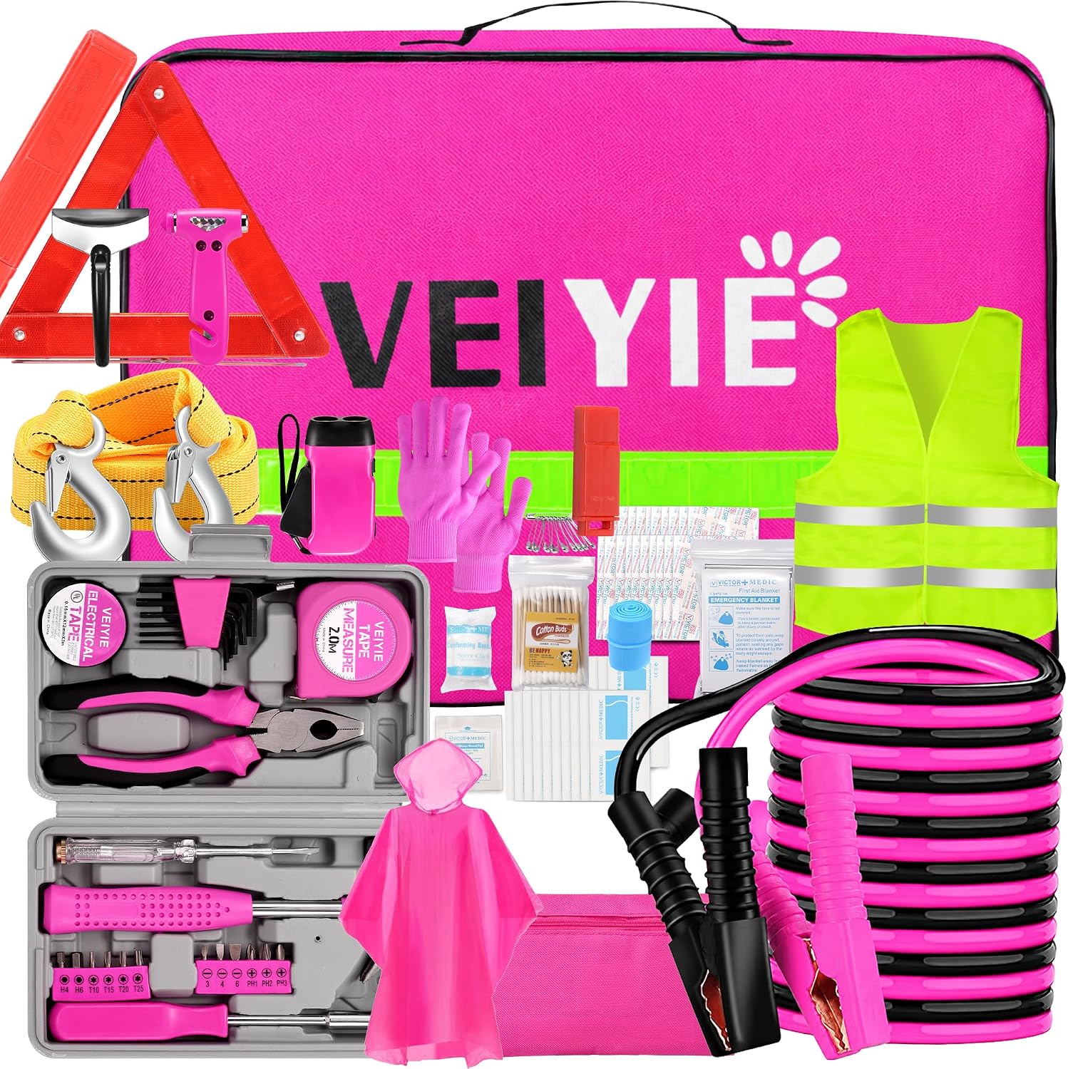 Roadside Car Emergency Kit for Vehicles, 12PCS Pink Car Safety Kit with Jumper Cables, Tool kit, Tow Strap, Road Trip Essentials, Survival Kit for Men, Women, New Driver Gifts