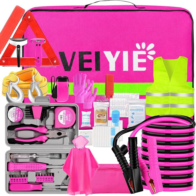 Pink Roadside Car Emergency Kit for Women, Safety Kit with Jumper Cables | Includes tool kit, warning triangle, safety hammer & tow rope; roadside supplies, ideal gift for new drivers and women girls