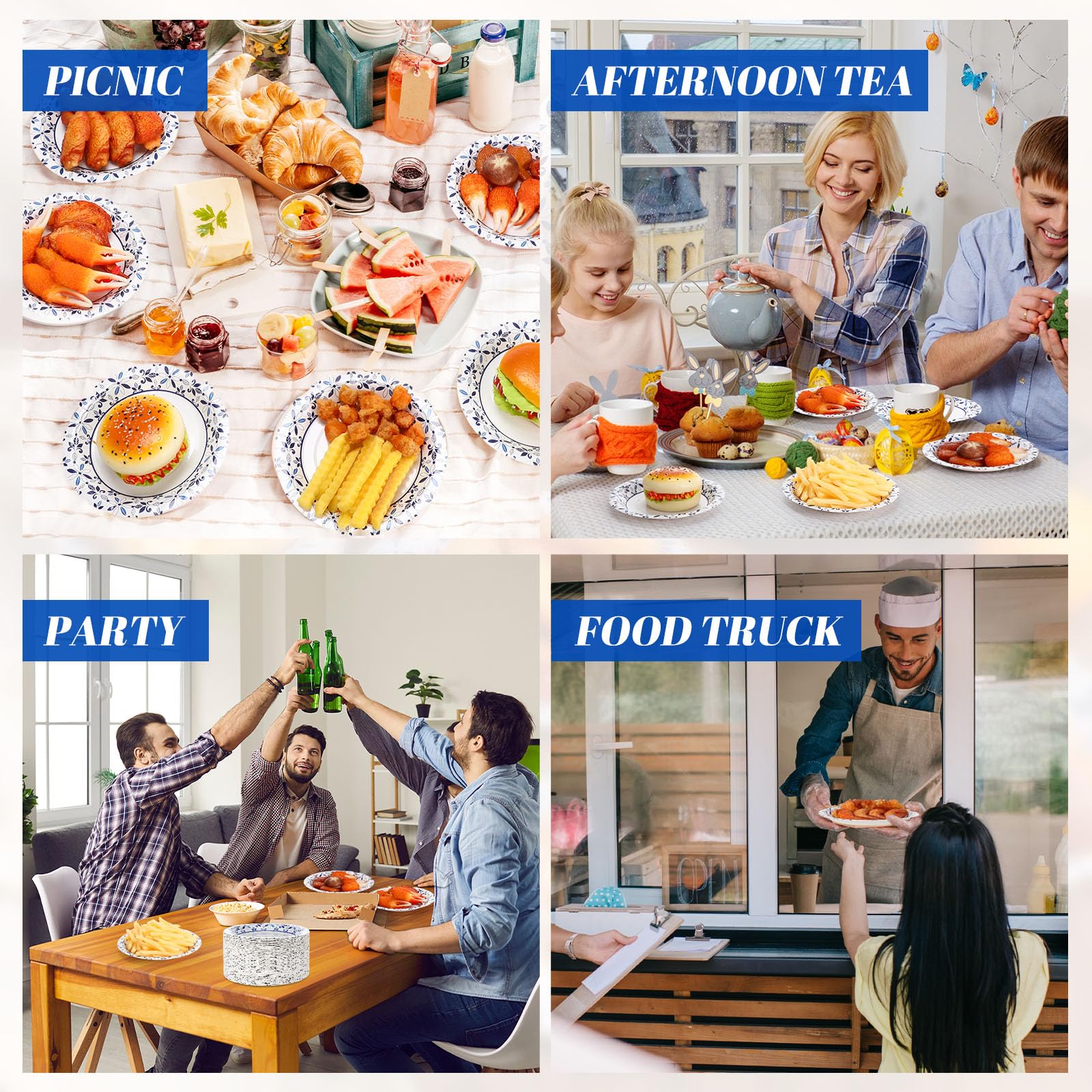 FillTouch Einweg-Pappteller für den täglichen Gebrauch, einweichfest, strapazierfähig, kleine Pappteller für Abendessen, Picknick, schnittfeste, blaue und weiße Pappteller für Feiertage, Partys,