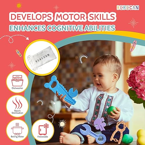 Miniatura 7 de Herramientas de dentición para bebé: 5 juguetes de dentición de silicona de grado alimenticio de alta calidad, 2 correas para seguridad y bolsa de