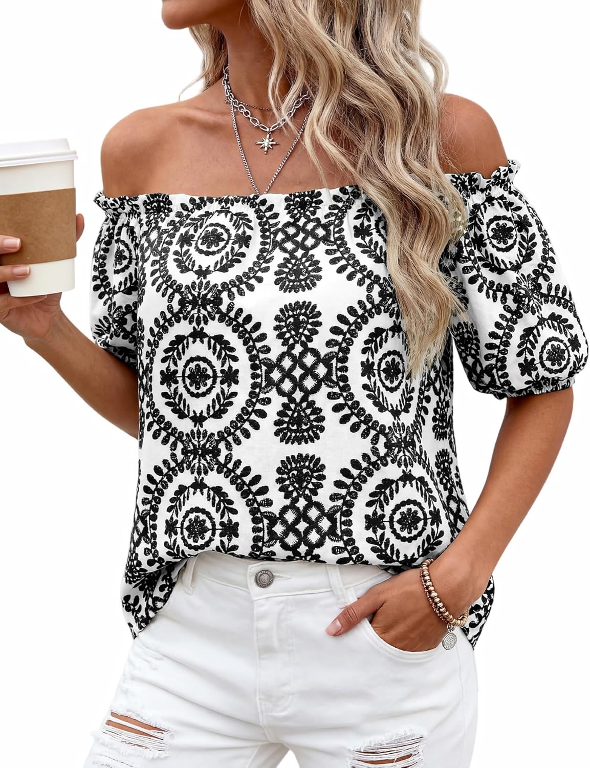 BTFBM Off The Shoulder Spring Tops for Women Summer Blouses Boho Floral Short Sleeve Shirts Dressy Casual Outfits 2026 - Image 3
