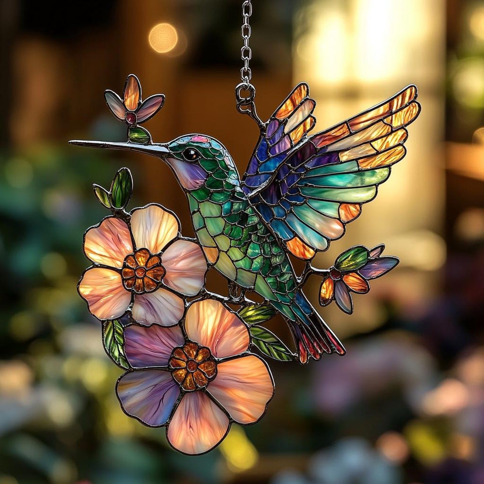 ANTKRAFT Hummingbird Window Hanging Suncatcher Faux Stained Hummingbirds and Flowers for Women Elegant Home Wall Decor Sun Catchers Indoor Windown