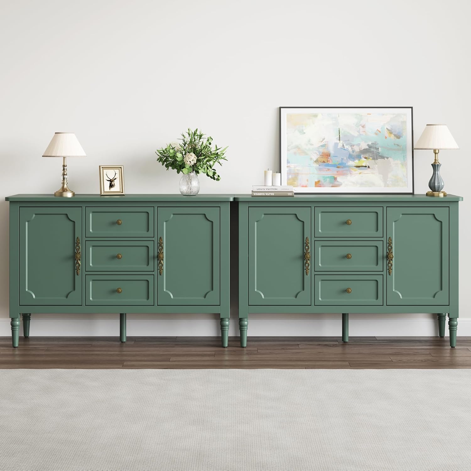 RoyalCraft Storage Cabinet Set of 2 with 2 Doors & 3 Drawers, Sideboard Cabinet with Adjustable Shelves, Wood Buffet Cabinet with Turned Legs, Ideal for Entryway, Living Room, Dining Room, Green