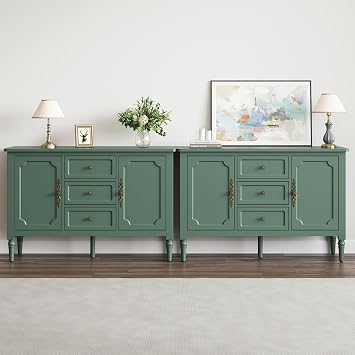 RoyalCraft Storage Cabinet Set of 2 with 2 Doors & 3 Drawers, Sideboard Cabinet with Adjustable Shelves, Wood Buffet Cabinet with Turned Legs, Ideal for Entryway, Living Room, Dining Room, Green