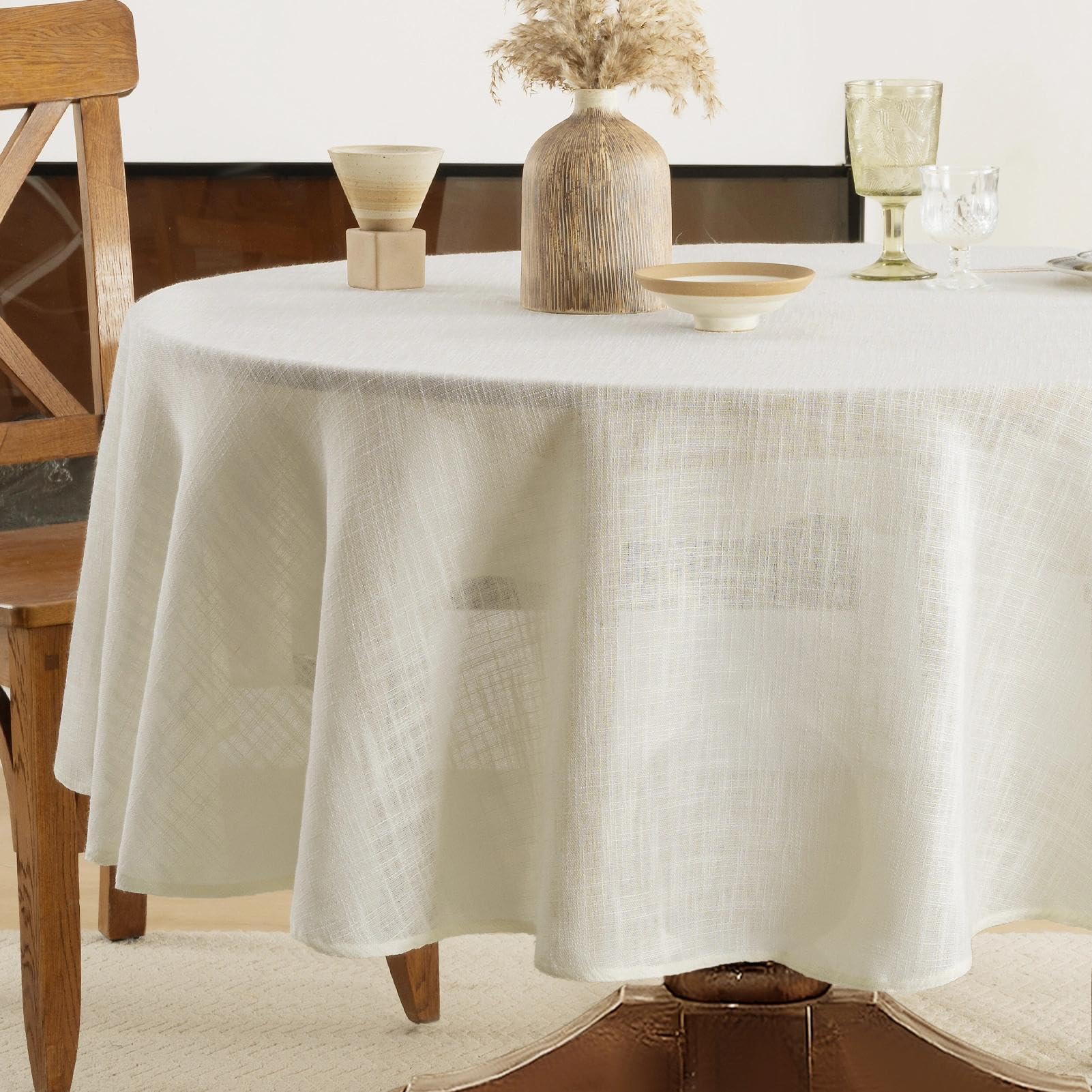 FIBORIA Large Round Tablecloth Christmas Table Cloth Cream 180 cm Xmas Faux Linen Tablecloths Wipe Clean Water Resistant Wipeable Table Cover for Wedding Kitchen Winter Decorations Banquet,71 Inch