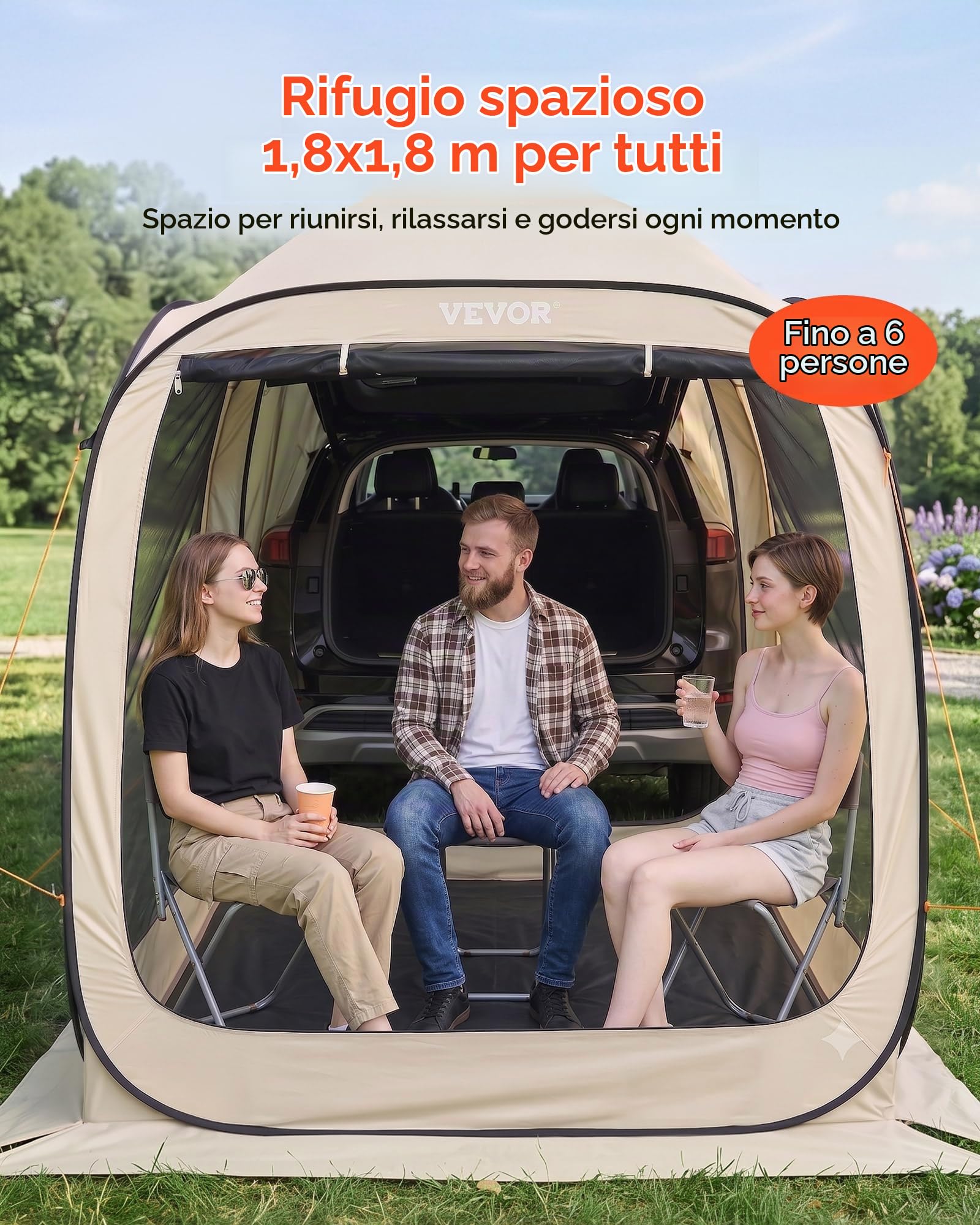 VEVOR Tenda da Campeggio da 1825 x 1825 x 2200 mm, Tenda da Portellone Posteriore per SUV da 4-6 Persone, con Zanzariera e Borsa per il Trasporto, Lati in Rete, per Giardino, Attività all'Aperto