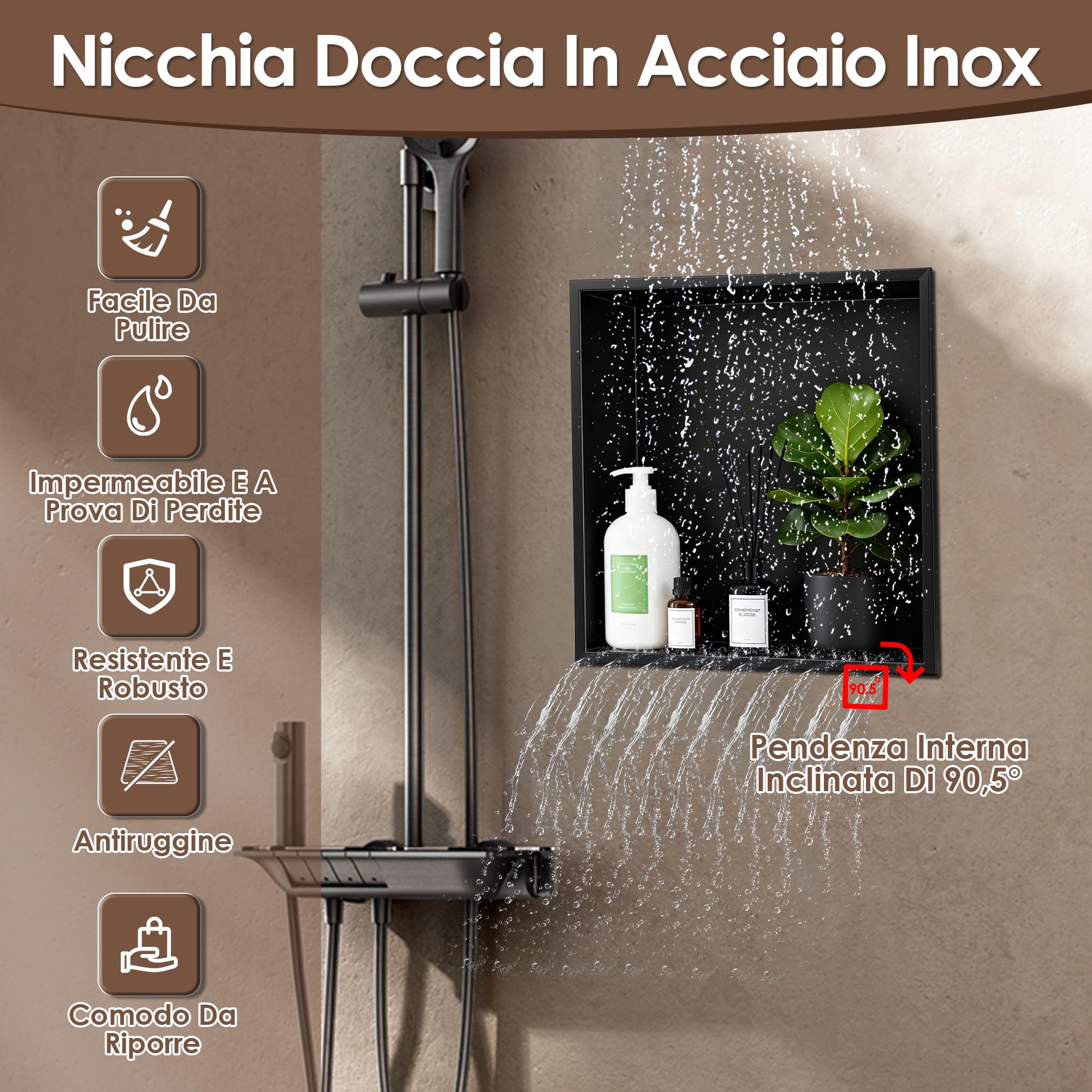 Nicchia da Parete, Mobile Doccia da Incasso Mensola da Bagno da Incasso a Parete in Acciaio Inossidabile 304 per Riporre il Bagno di Casa, 32 x 32 x 12.5cm