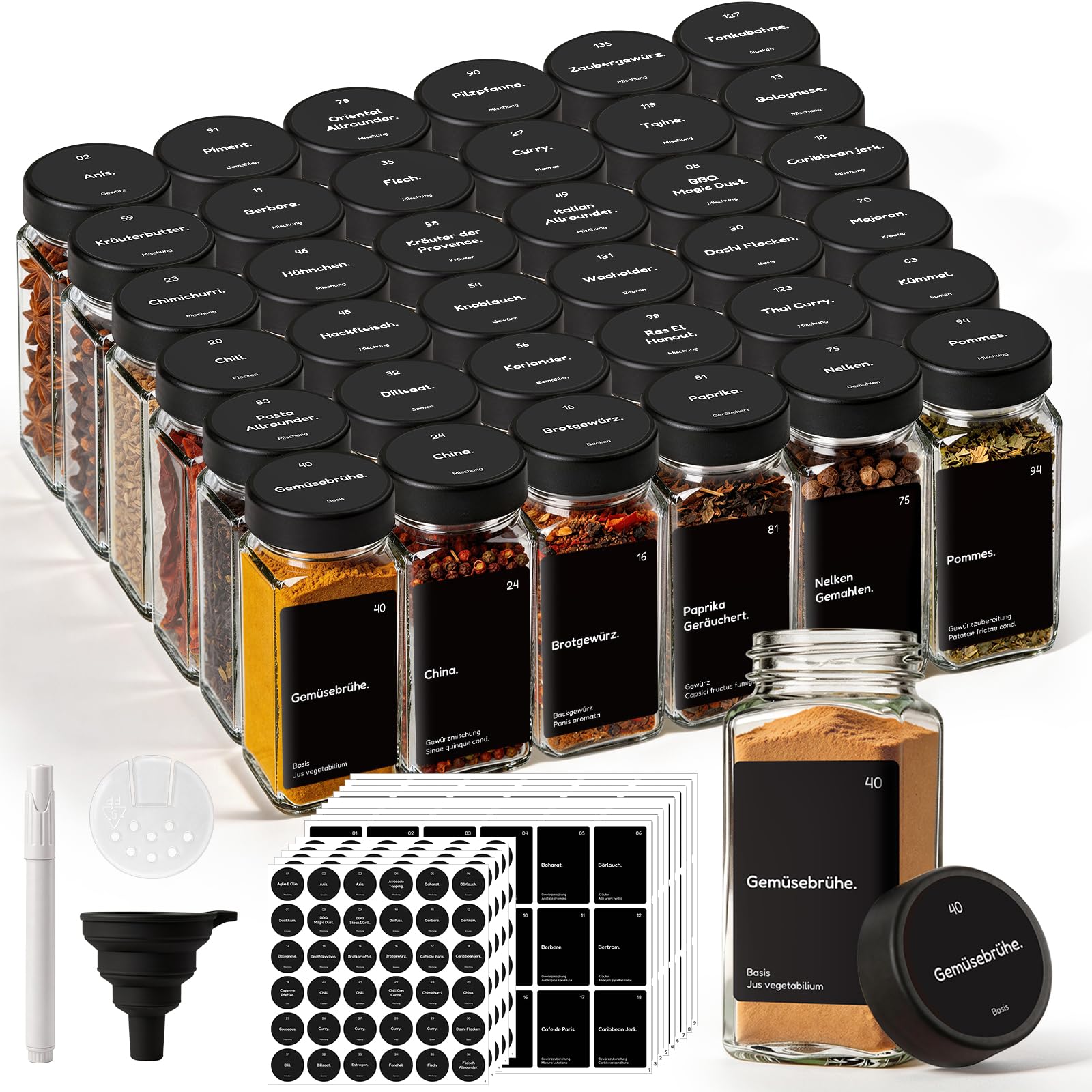 MHDCLY Lot de 36 bocaux à épices avec insert à saupoudrer - 120 ml - En verre avec couvercle noir - Avec 342 étiquettes (allemand) et entonnoir - Lot de pots à épices pour organisateur d'épices