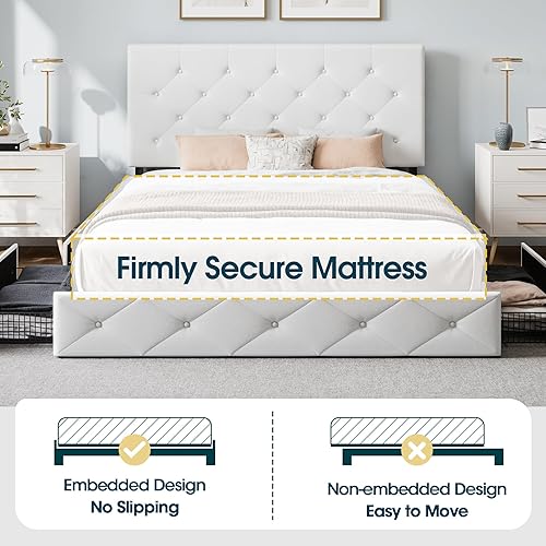 Miniatura 7 de WEEWAY Base de cama de plataforma tamaño Queen con 4 cajones de almacenamiento, cabecera capitonada con botones de costura de diamante, base de